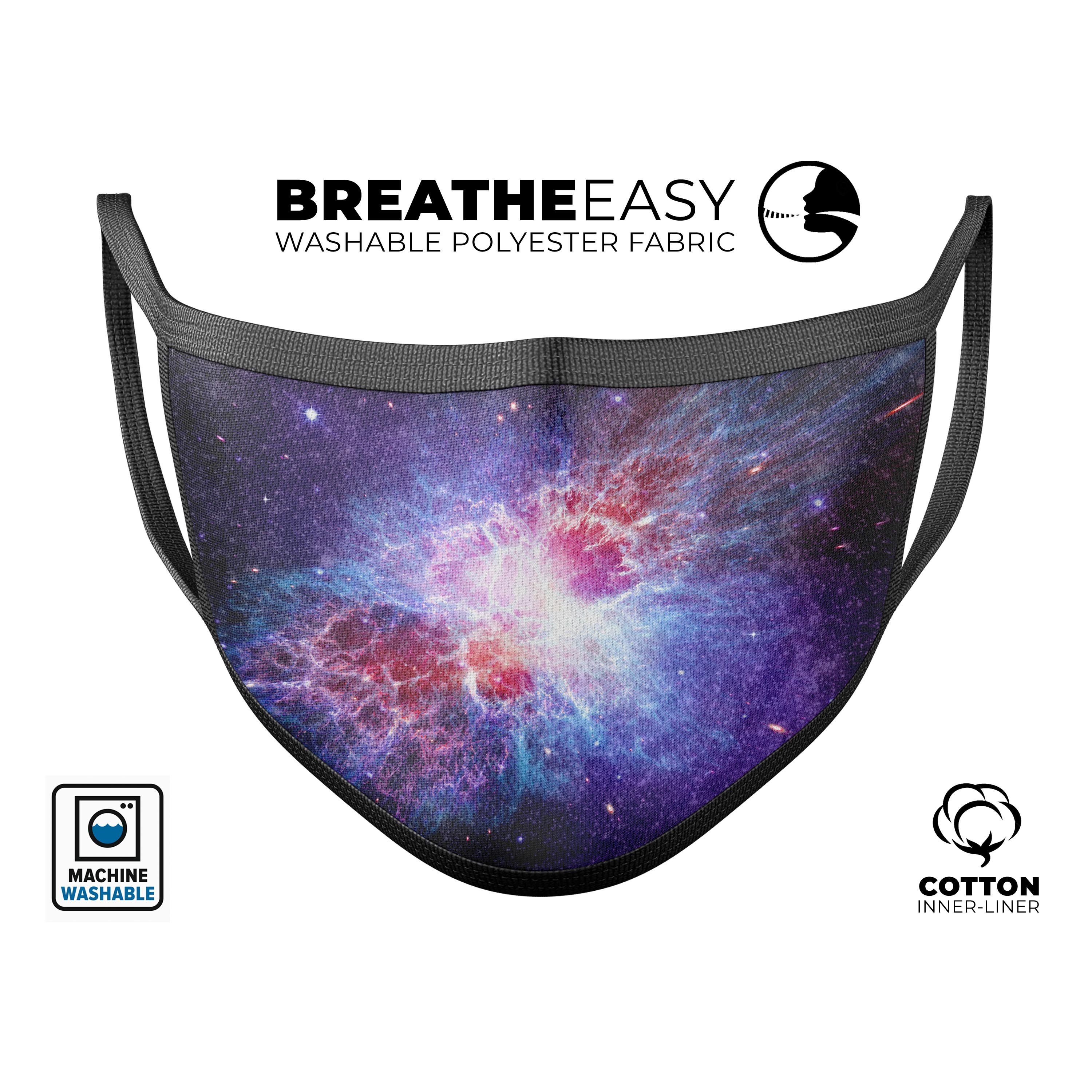 Supernova Mouth Cover, a unisex anti-dust mask made from a cotton blend, featuring adjustable ear-loops and vibrant dye-sublimated designs.