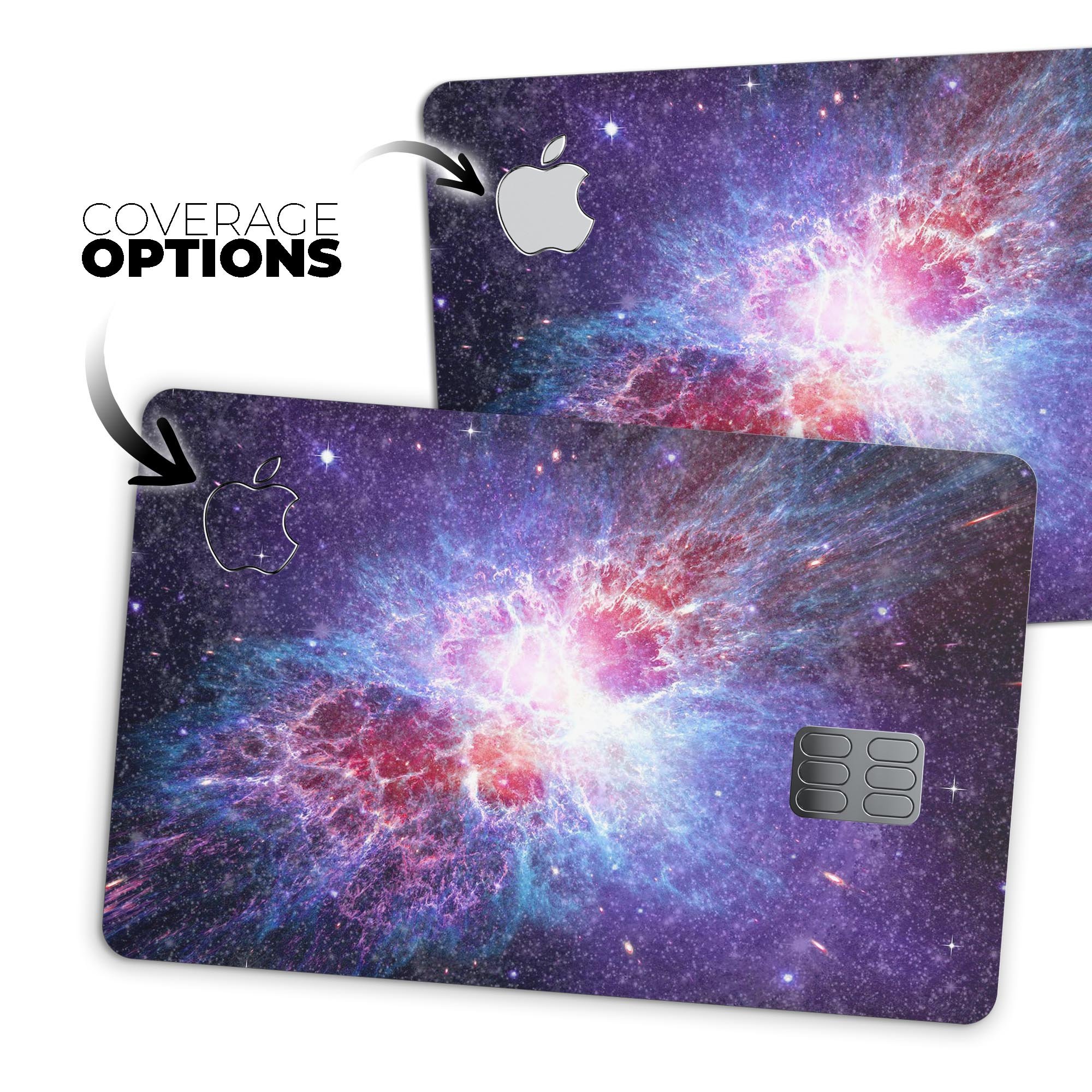 Supernova Premium Protective Decal Skin-Kit for Apple Card, showcasing ultra-gloss and soft-matte finishes.