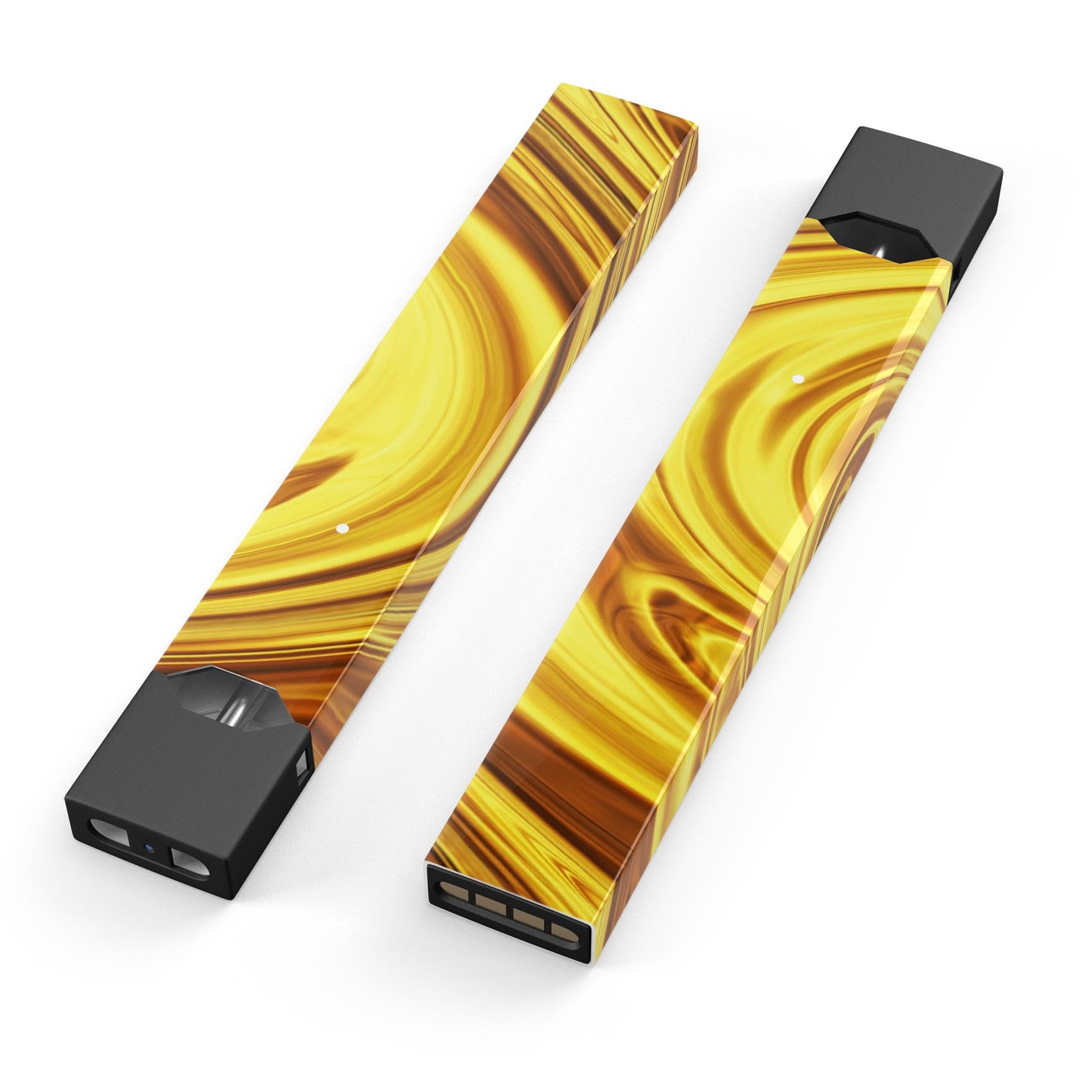 Swirling Liquid Gold skin-wrap sticker designed for JUUL vaping device, showcasing a vibrant gold swirl pattern.