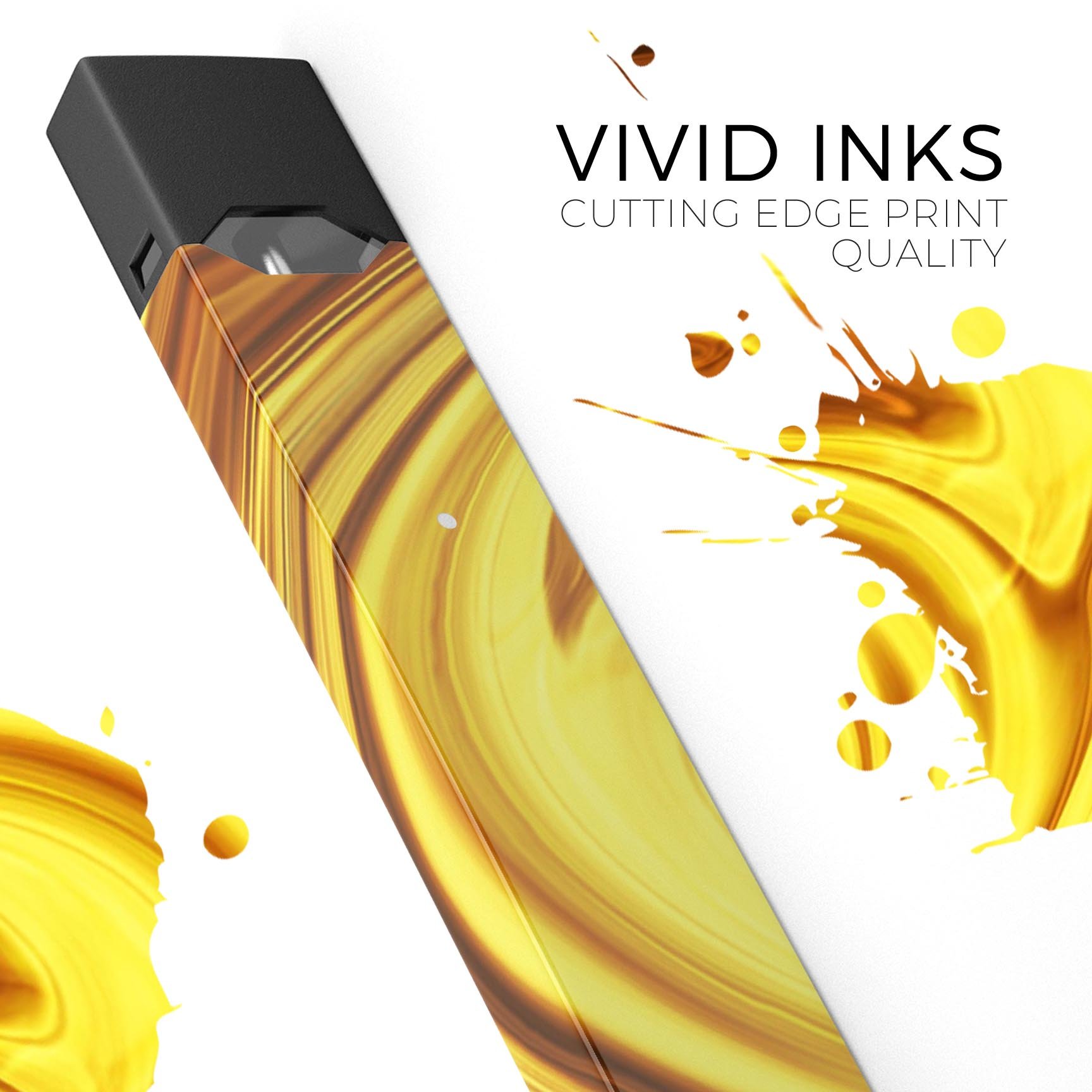 Swirling Liquid Gold skin-wrap sticker designed for JUUL vaping device, showcasing a vibrant gold swirl pattern.