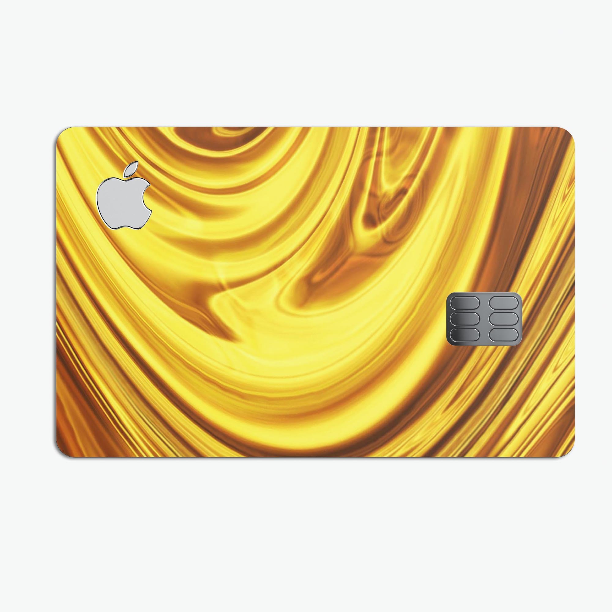 Swirling Liquid Gold decal skin-kit for Apple Card, showcasing a vibrant gold design with a glossy finish.