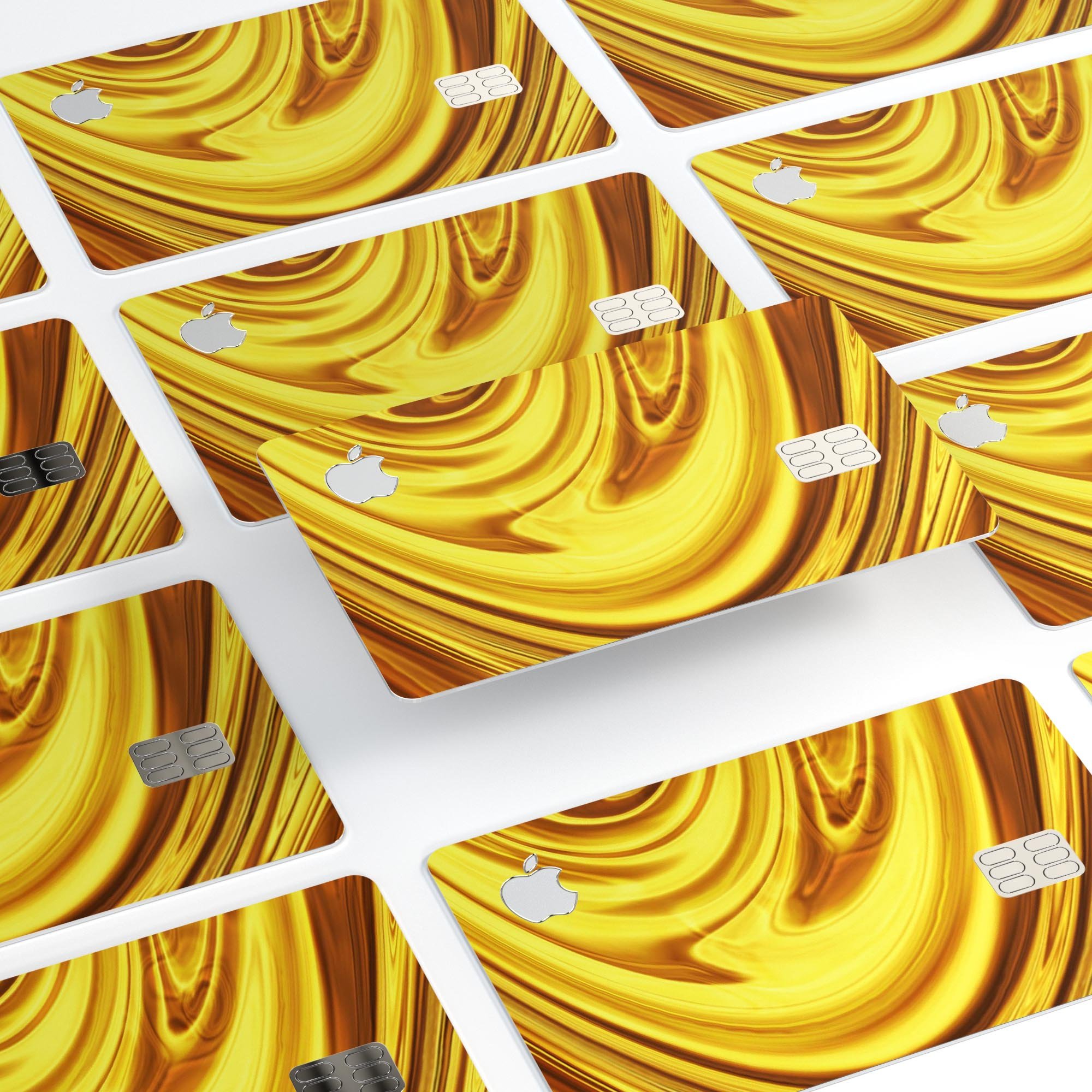 Swirling Liquid Gold decal skin-kit for Apple Card, showcasing a vibrant gold design with a glossy finish.