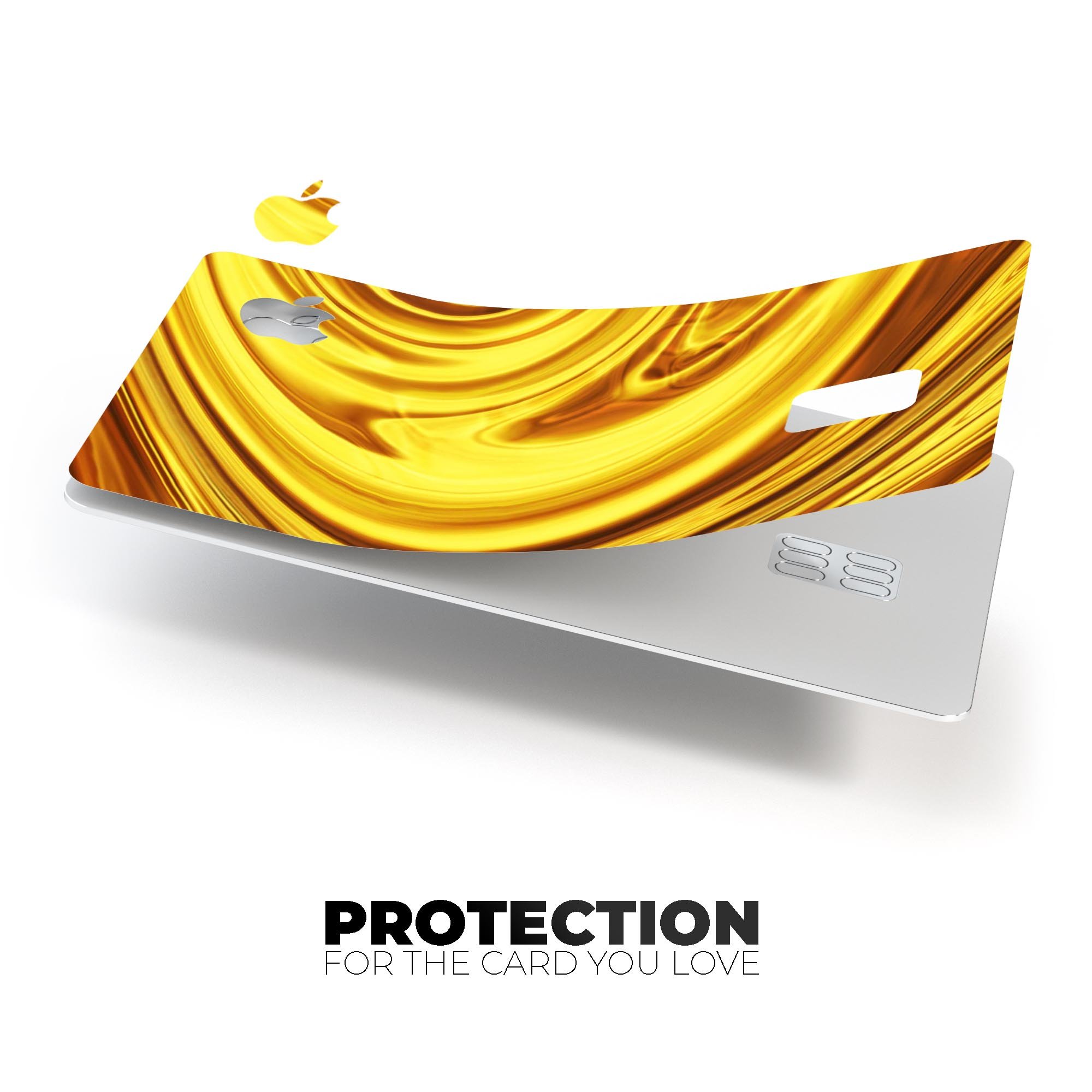 Swirling Liquid Gold decal skin-kit for Apple Card, showcasing a vibrant gold design with a glossy finish.