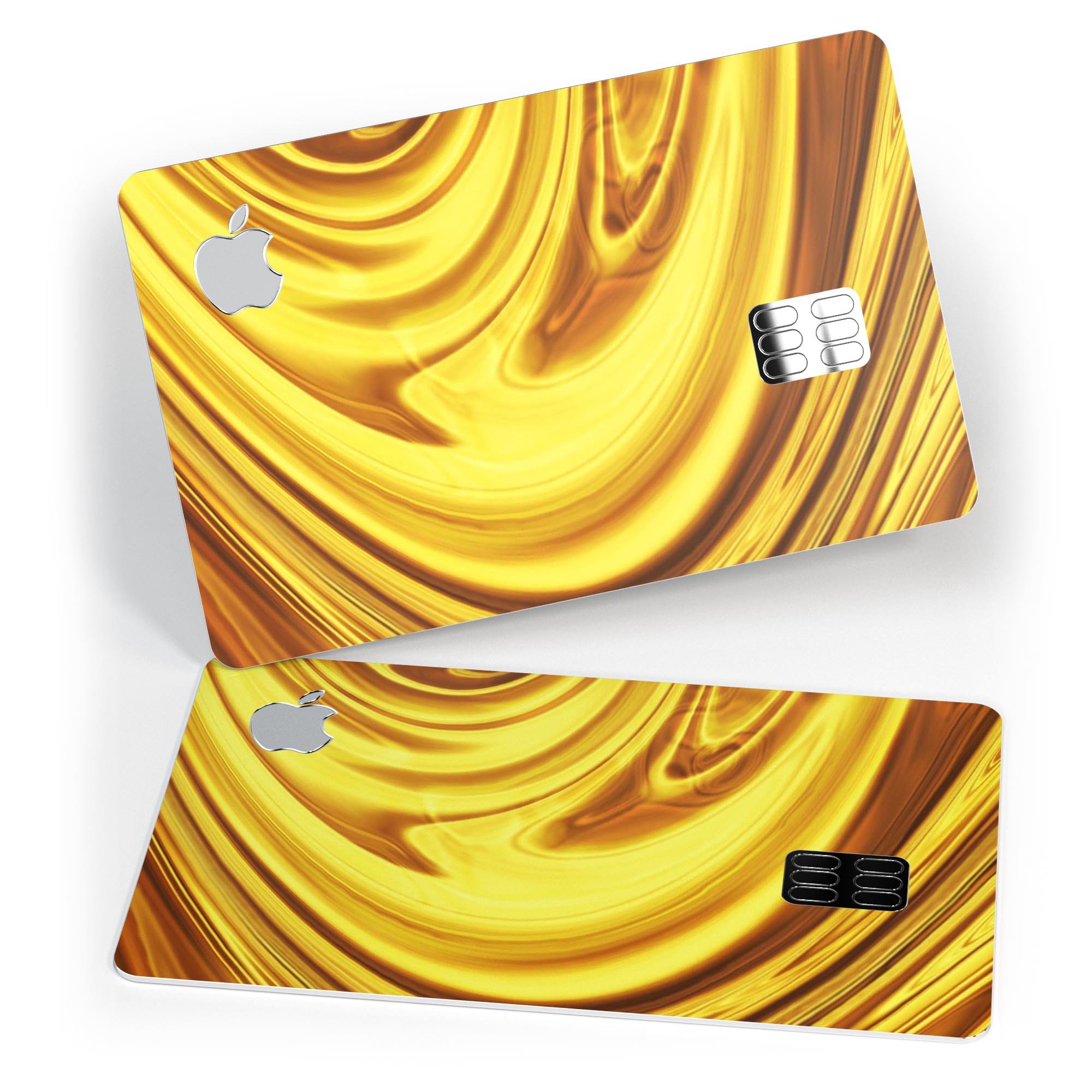 Swirling Liquid Gold decal skin-kit for Apple Card, showcasing a vibrant gold design with a glossy finish.