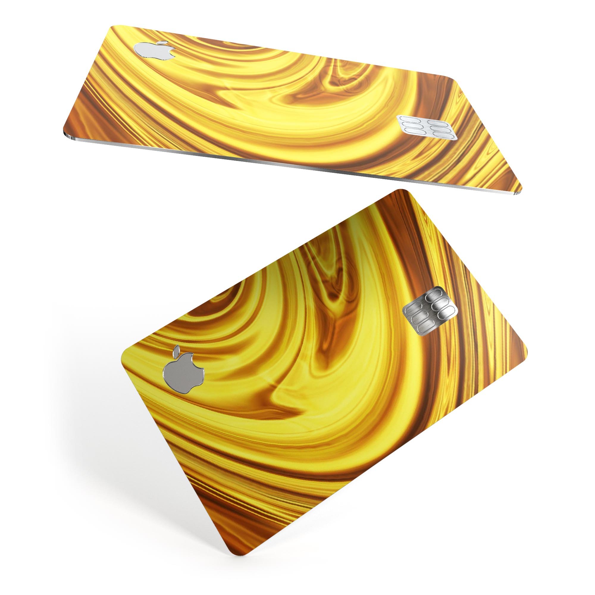 Swirling Liquid Gold decal skin-kit for Apple Card, showcasing a vibrant gold design with a glossy finish.