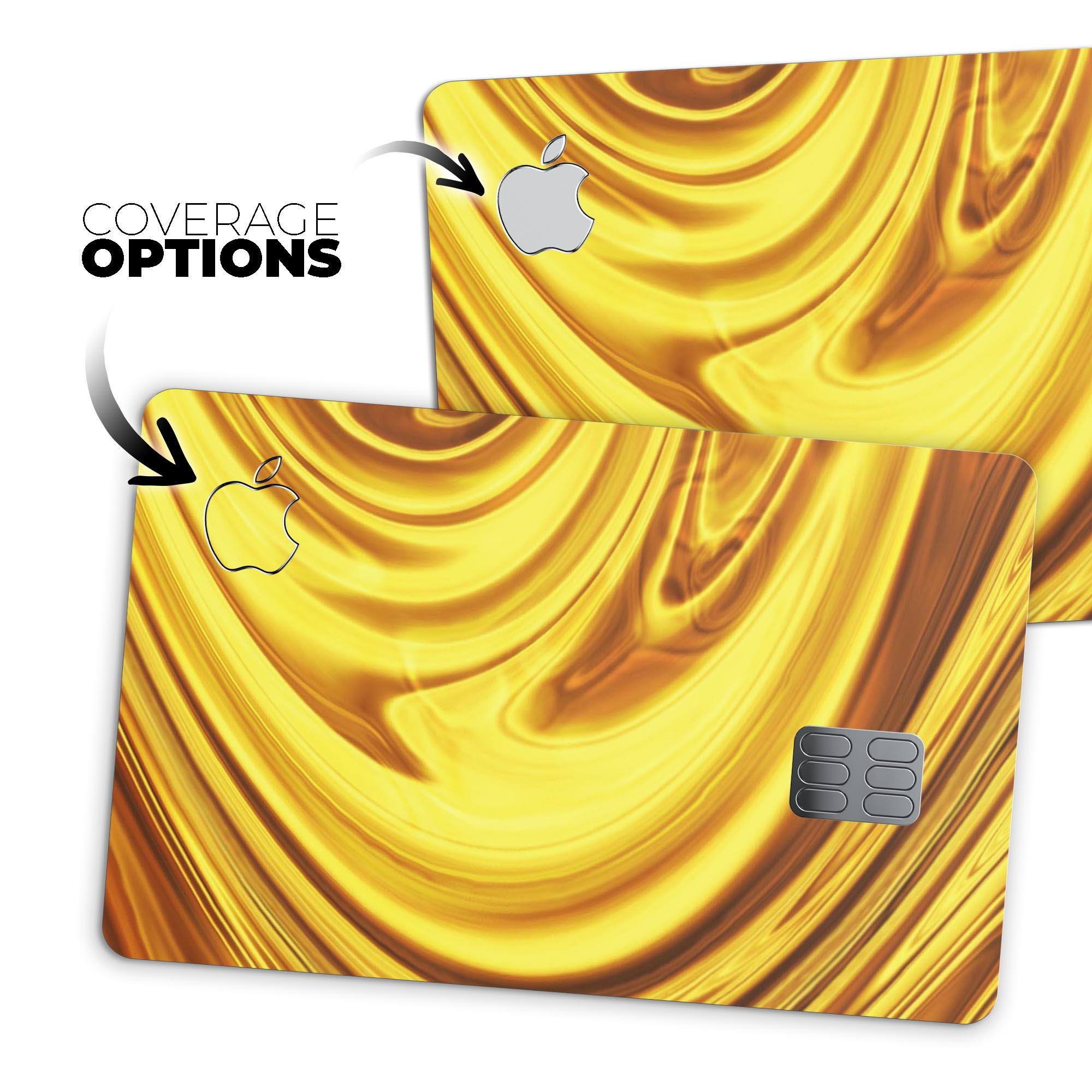 Swirling Liquid Gold decal skin-kit for Apple Card, showcasing a vibrant gold design with a glossy finish.