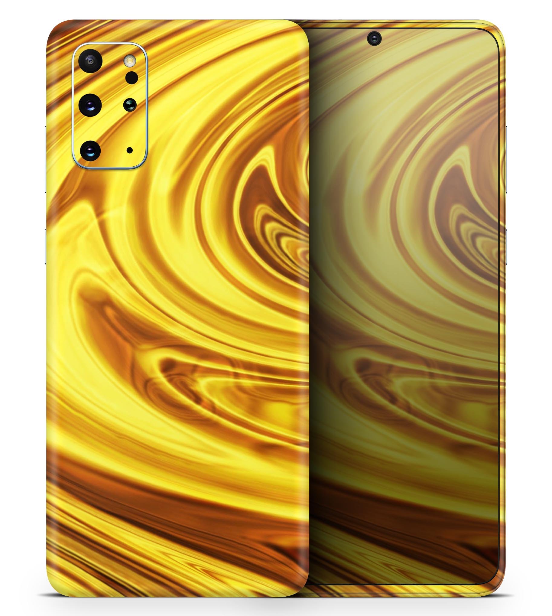 Swirling Liquid Gold Skin-Kit for Samsung Galaxy S20, showcasing its glossy finish and vibrant design.