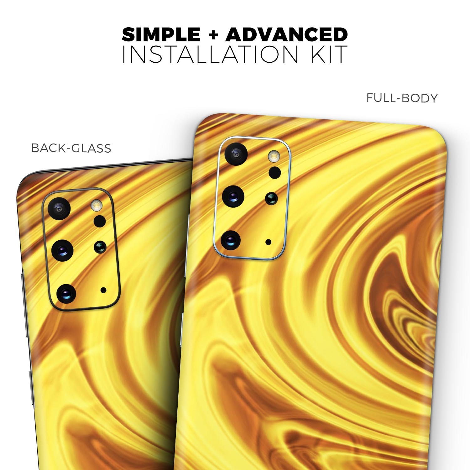 Swirling Liquid Gold Skin-Kit for Samsung Galaxy S20, showcasing its glossy finish and vibrant design.