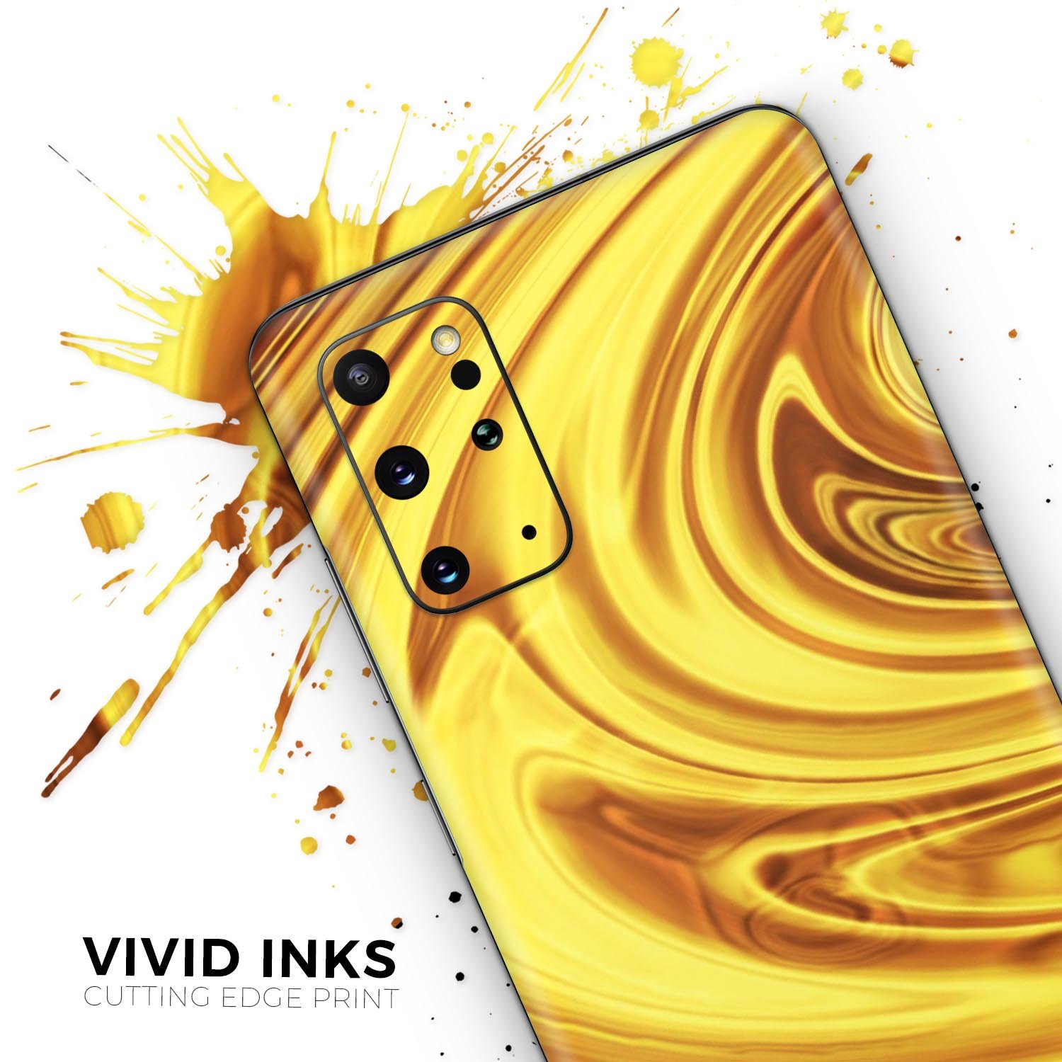 Swirling Liquid Gold Skin-Kit for Samsung Galaxy S20, showcasing its glossy finish and vibrant design.