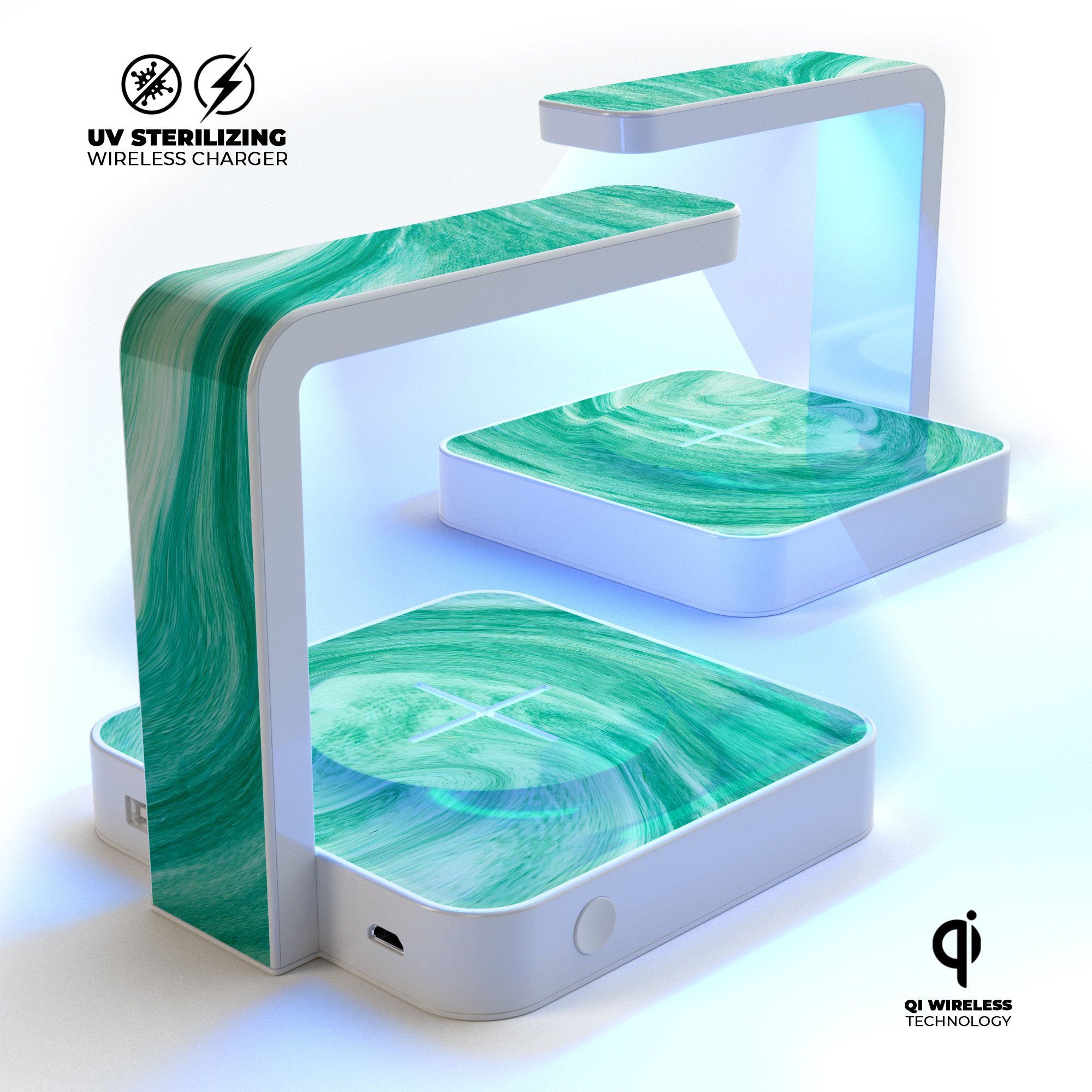 Swirling Mint Acrylic Marble UV Germicidal Sanitizing Sterilizing charger with a sleek design, showcasing its wireless charging feature and UV sterilization lamp.