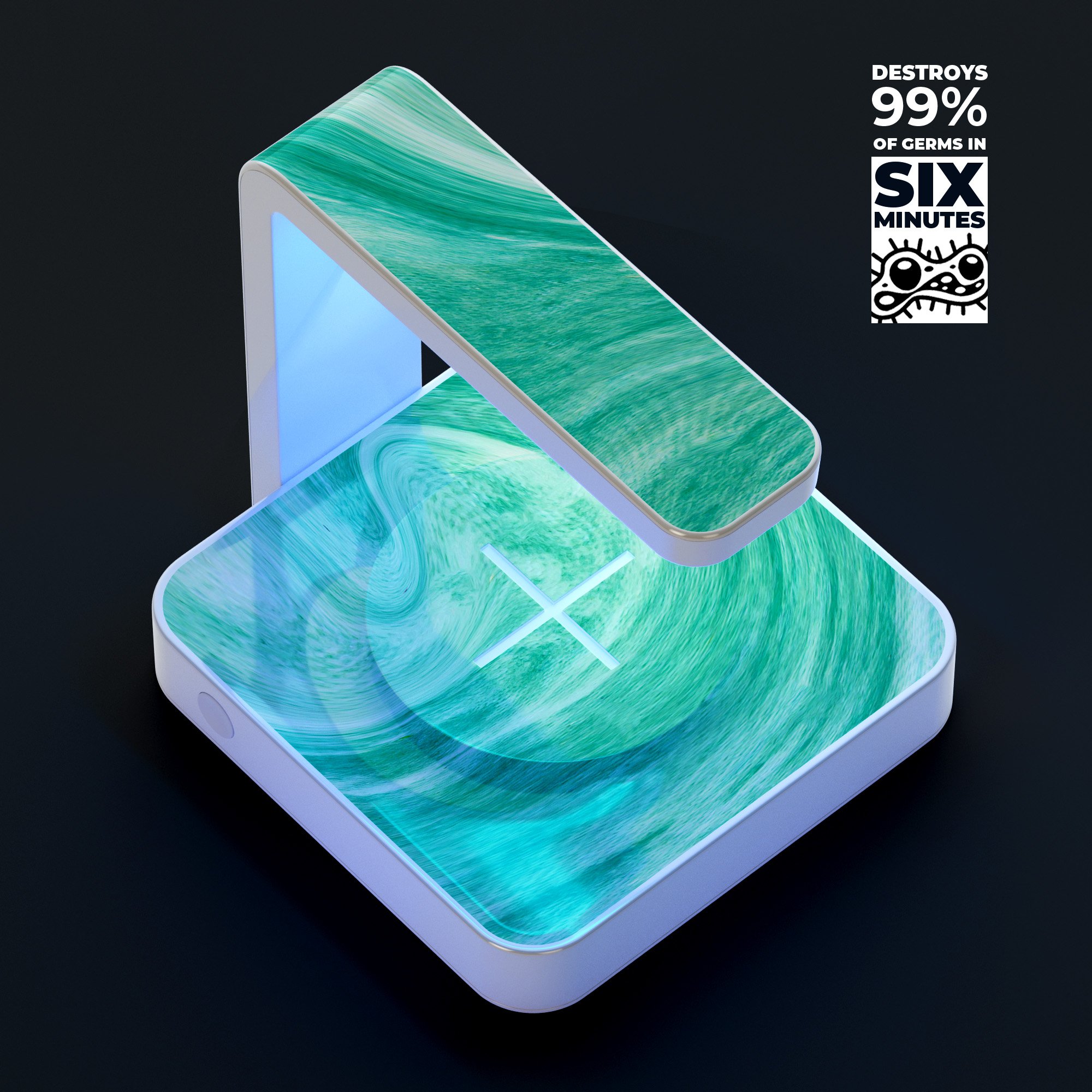 Swirling Mint Acrylic Marble UV Germicidal Sanitizing Sterilizing charger with a sleek design, showcasing its wireless charging feature and UV sterilization lamp.