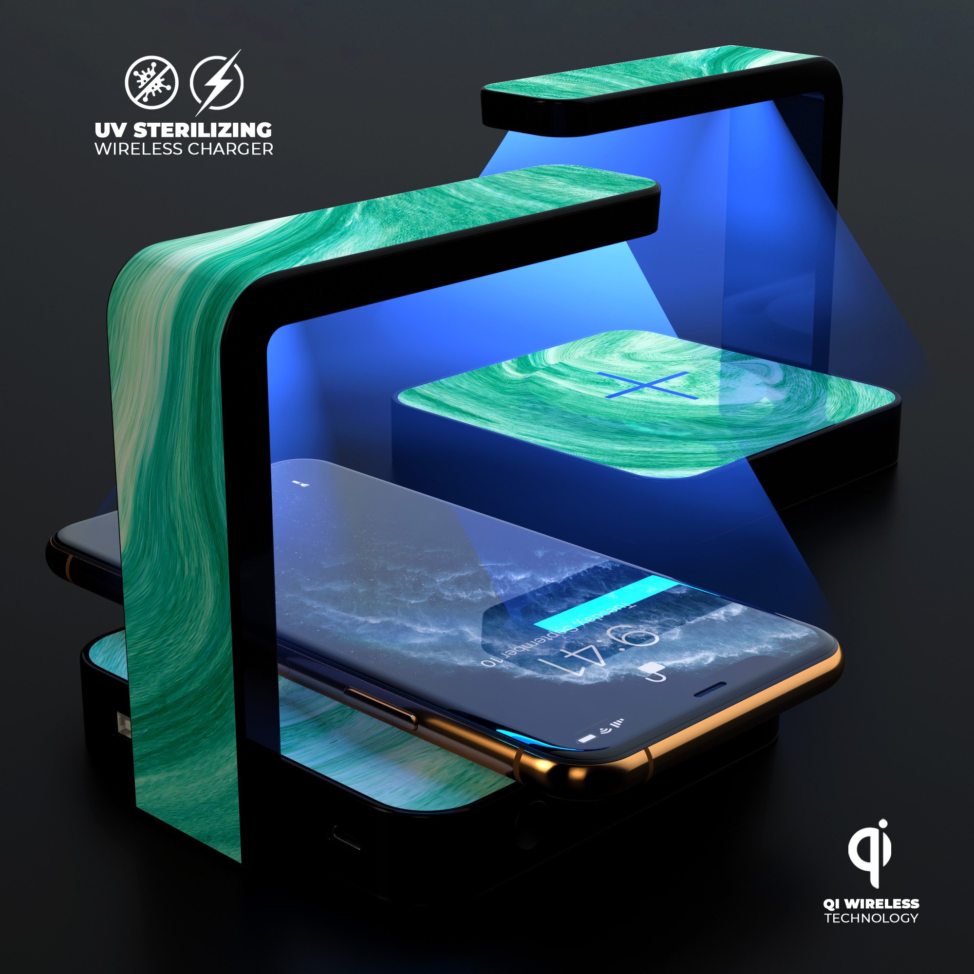 Swirling Mint Acrylic Marble UV Germicidal Sanitizing Sterilizing charger with a sleek design, showcasing its wireless charging feature and UV sterilization lamp.