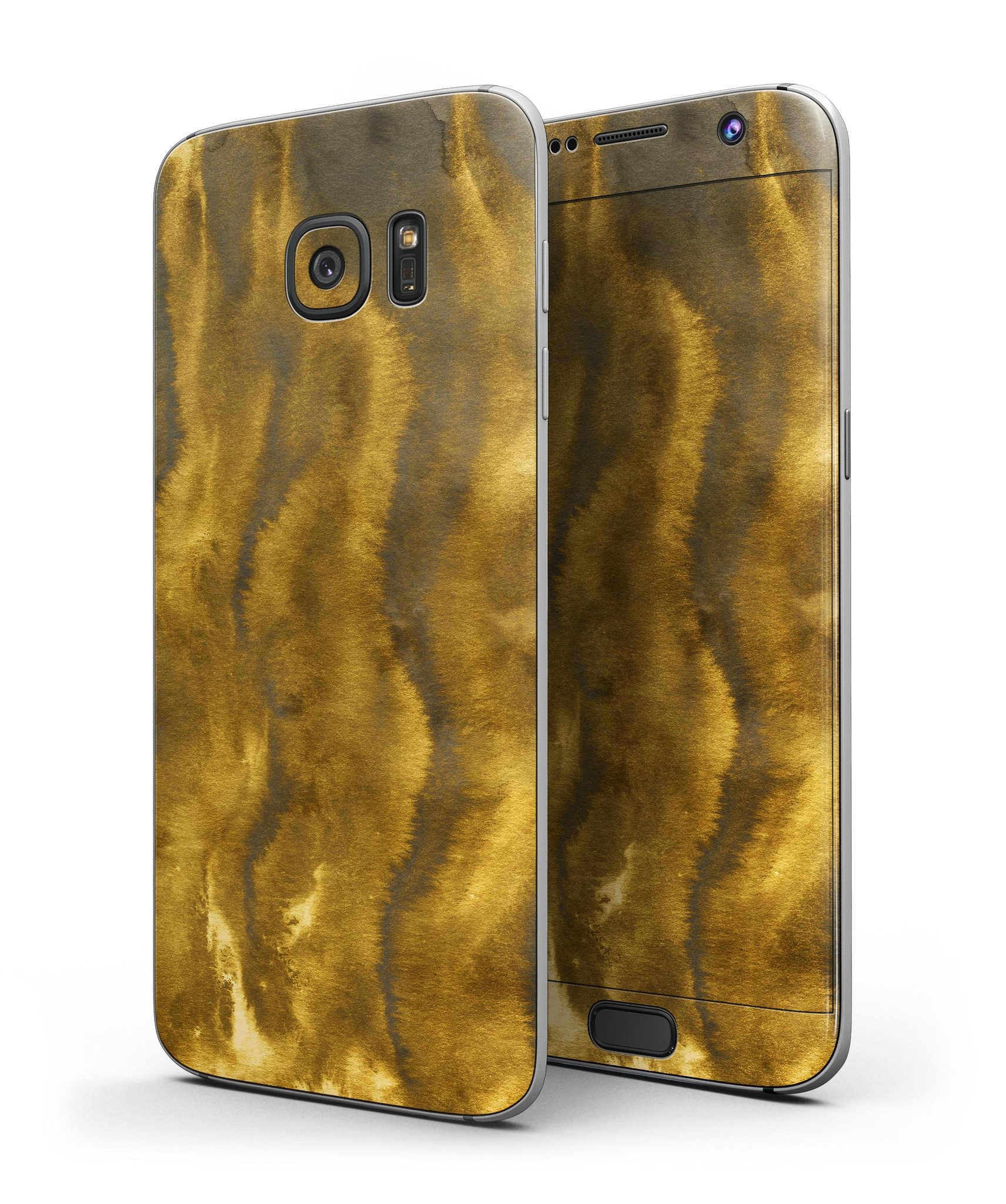 Swirly Golden Fur full body skin kit for Samsung Galaxy S7 and S7 Edge, showcasing vibrant golden swirls on a sleek vinyl surface.