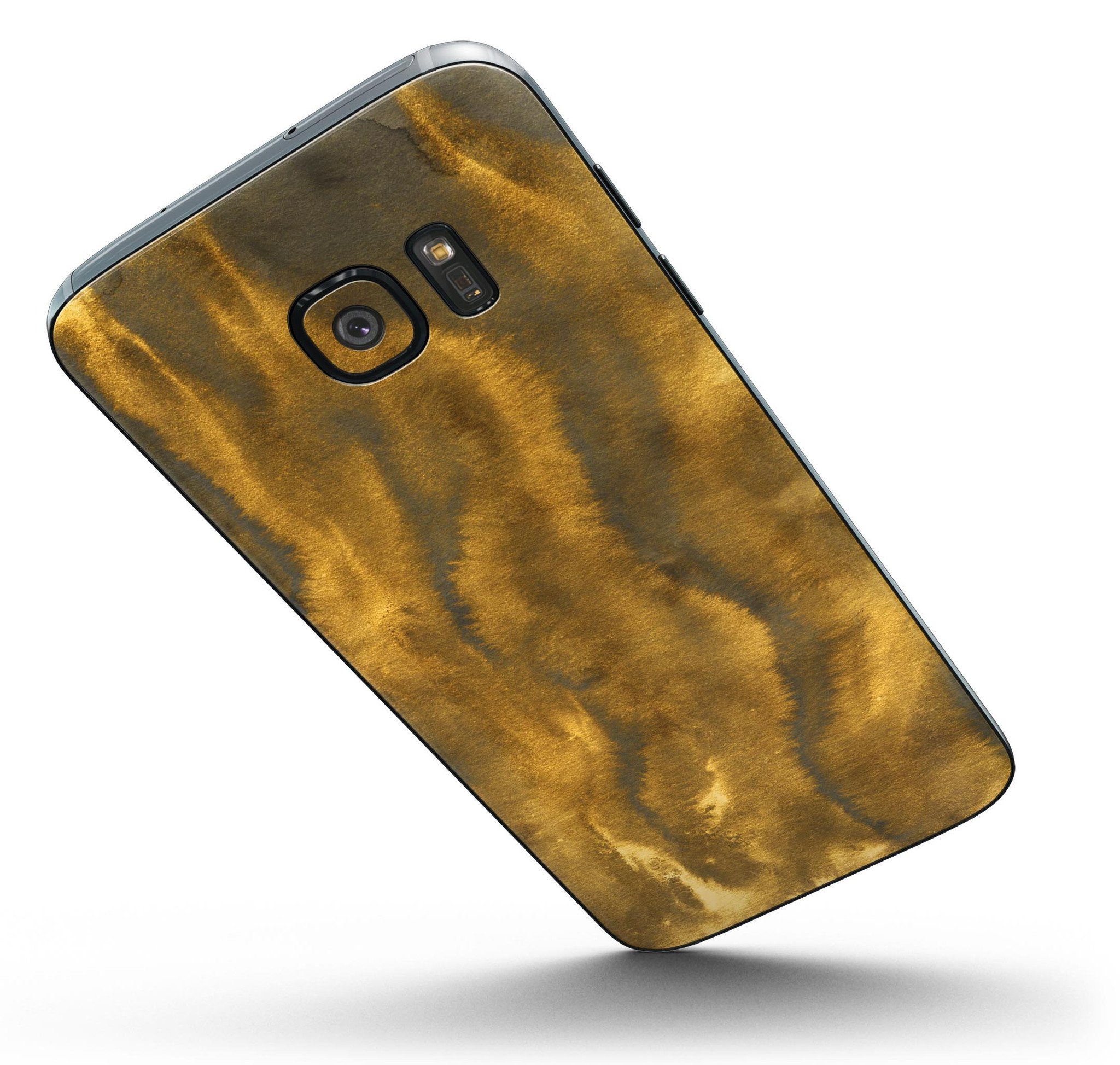 Swirly Golden Fur full body skin kit for Samsung Galaxy S7 and S7 Edge, showcasing vibrant golden swirls on a sleek vinyl surface.