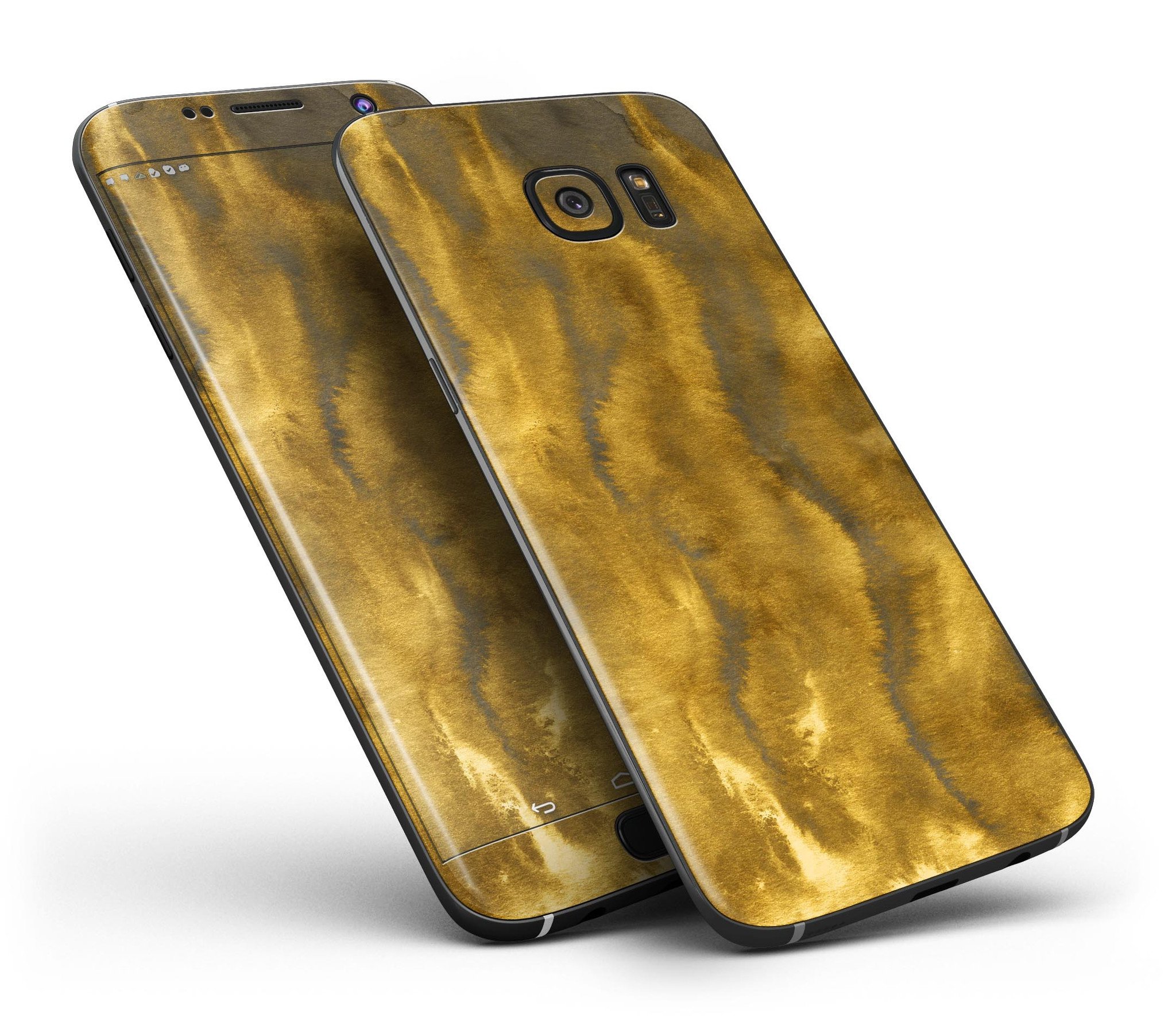 Swirly Golden Fur full body skin kit for Samsung Galaxy S7 and S7 Edge, showcasing vibrant golden swirls on a sleek vinyl surface.