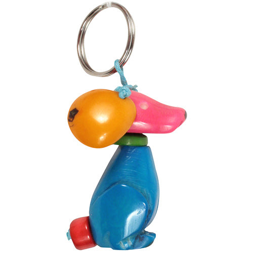 Colorful Tagua Nut Key Chain shaped like a dog, showcasing unique patterns and eco-friendly craftsmanship.