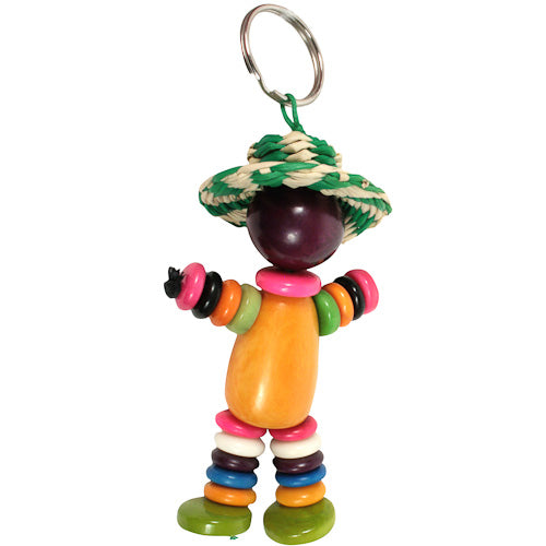 Colorful Tagua Nut Key Chain shaped like a doll, featuring a charming hat, showcasing unique patterns and eco-friendly craftsmanship.