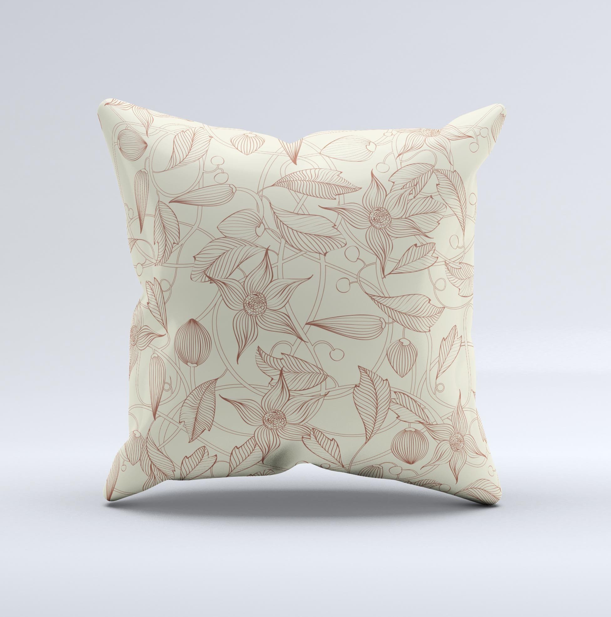 Tan and brown decorative throw pillow featuring a floral laced pattern, handcrafted in Virginia with high-quality materials.