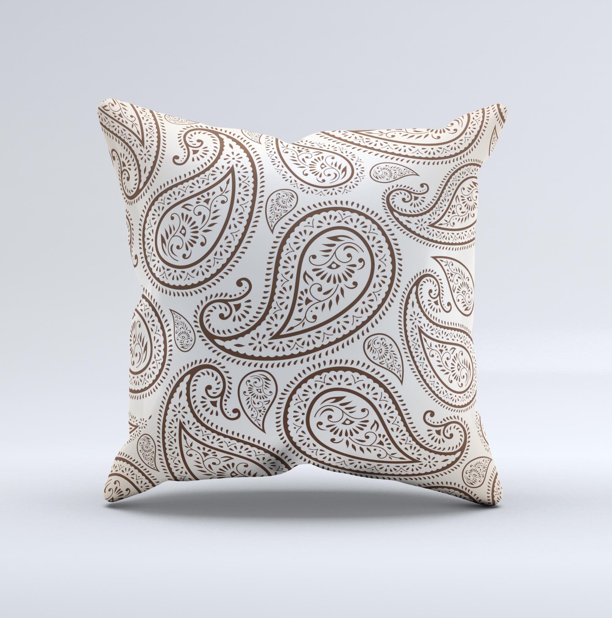 Tan highlighted paisley pattern decorative throw pillow, handcrafted with high thread count fabric and polyester filling.