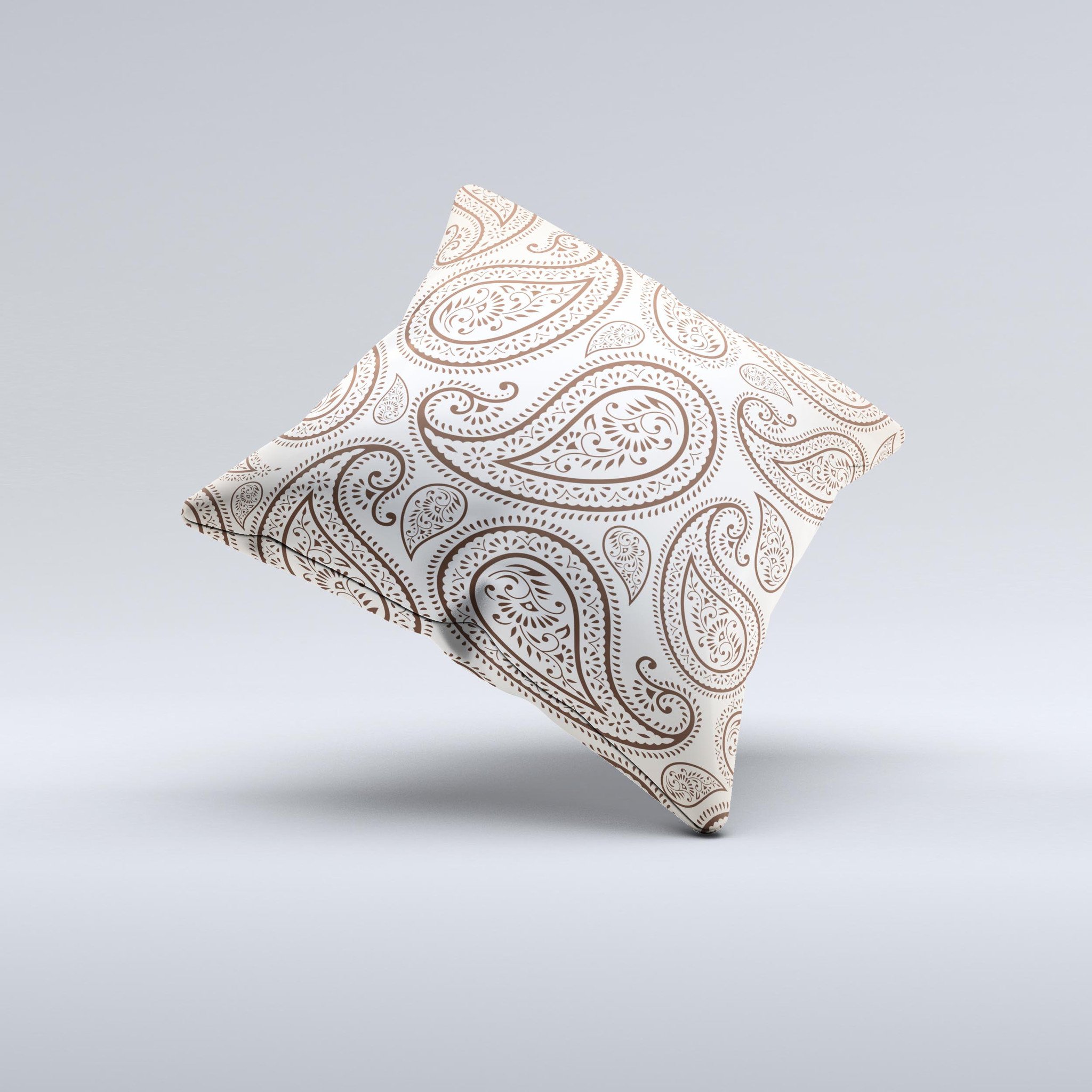 Tan highlighted paisley pattern decorative throw pillow, handcrafted with high thread count fabric and polyester filling.