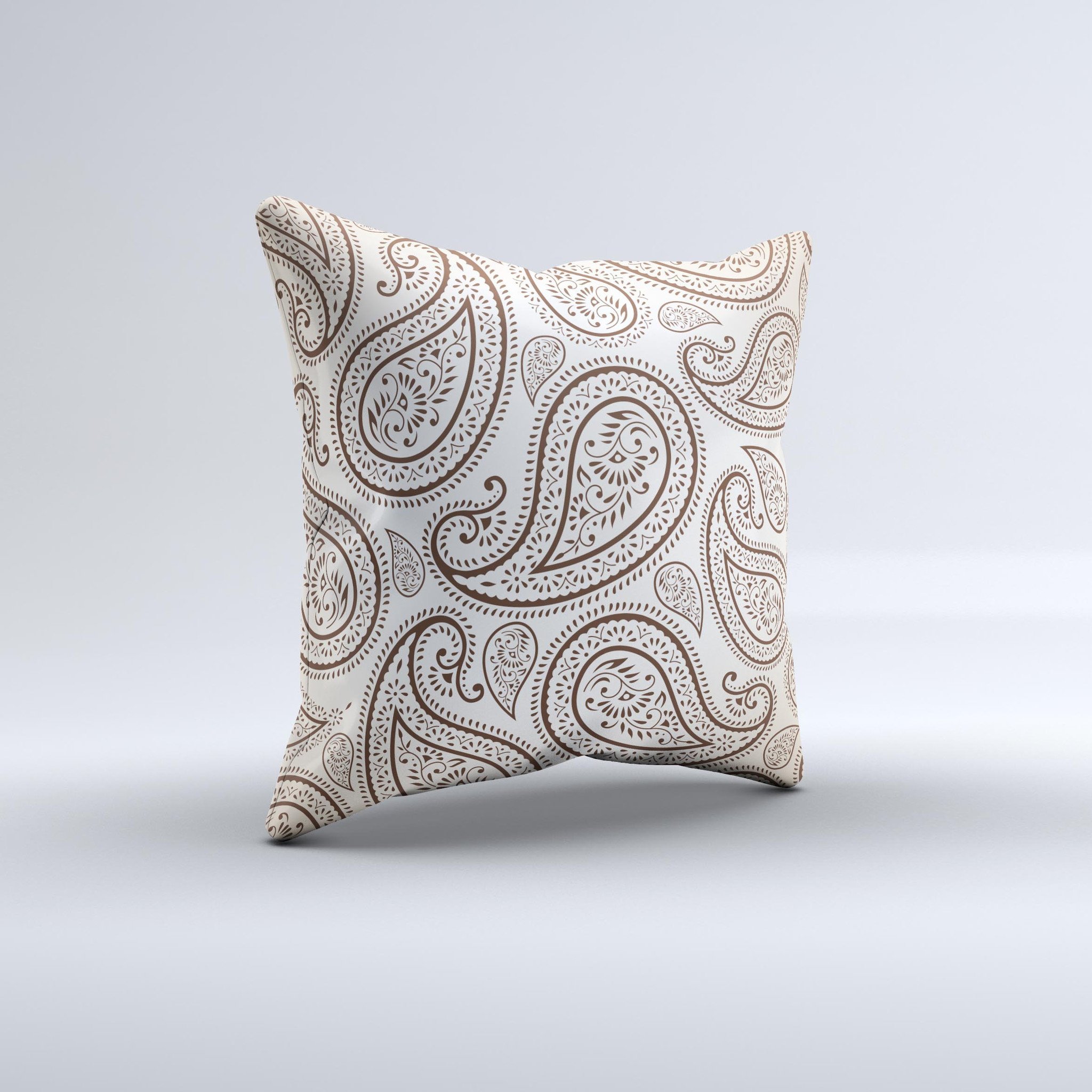 Tan highlighted paisley pattern decorative throw pillow, handcrafted with high thread count fabric and polyester filling.