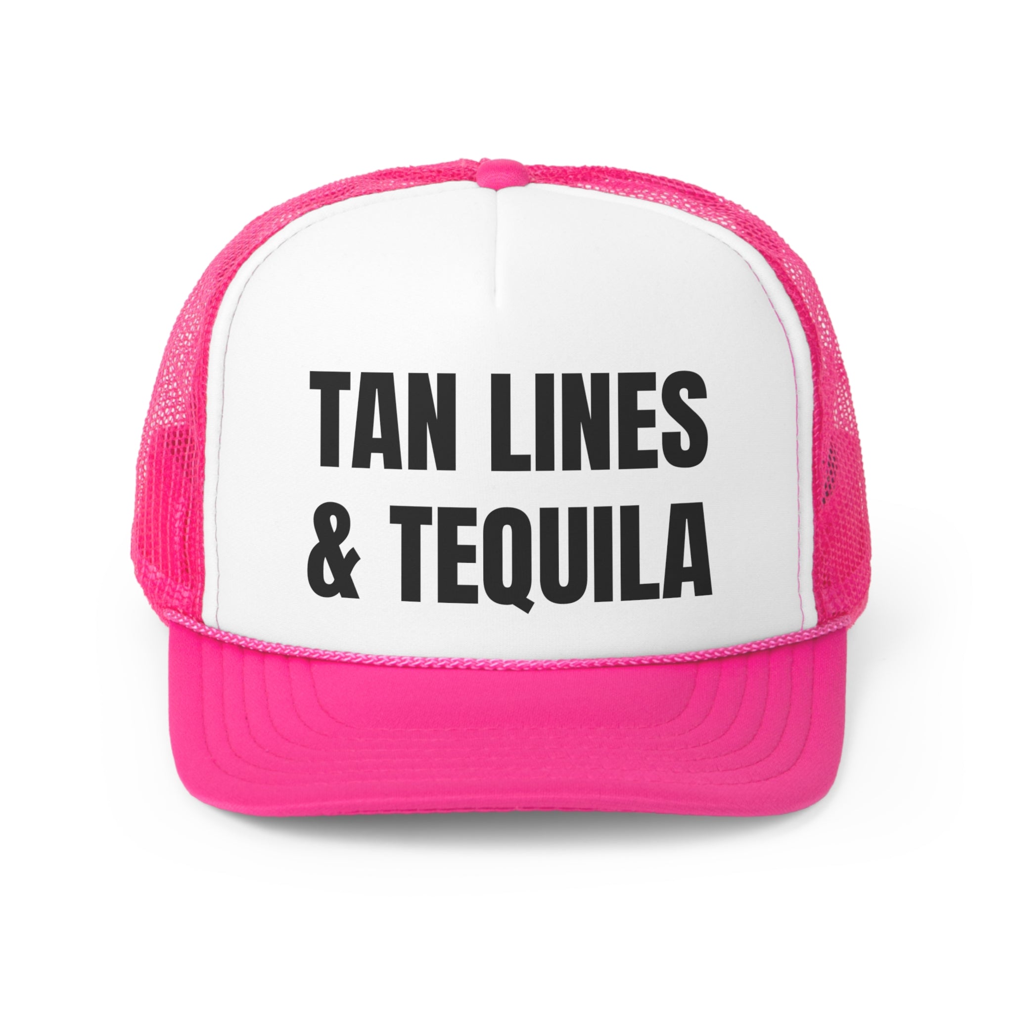 Tan Lines and Tequila Funny Trucker Hat featuring a humorous design with a comfortable fit and adjustable snap closure.