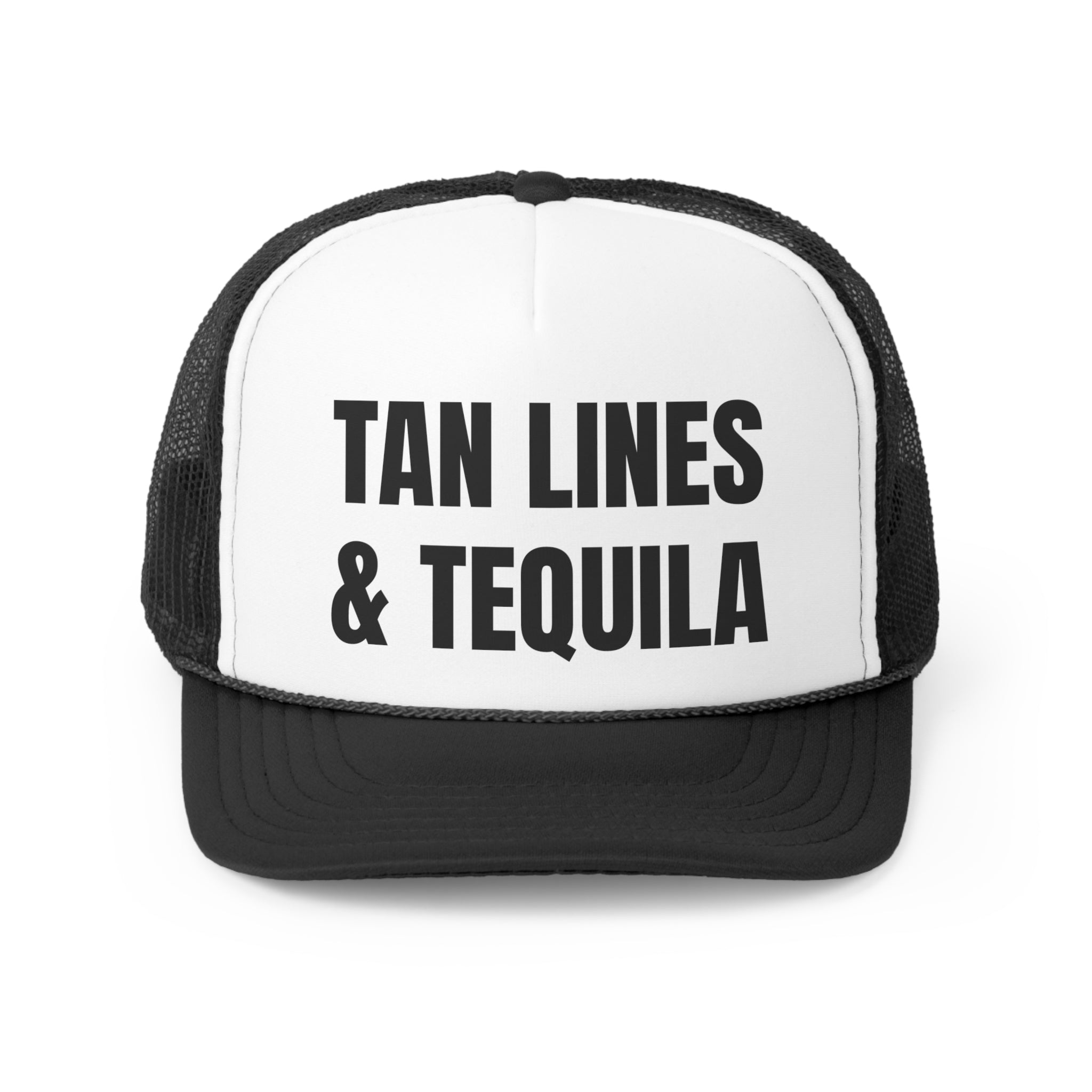 Tan Lines and Tequila Funny Trucker Hat featuring a humorous design with a comfortable fit and adjustable snap closure.