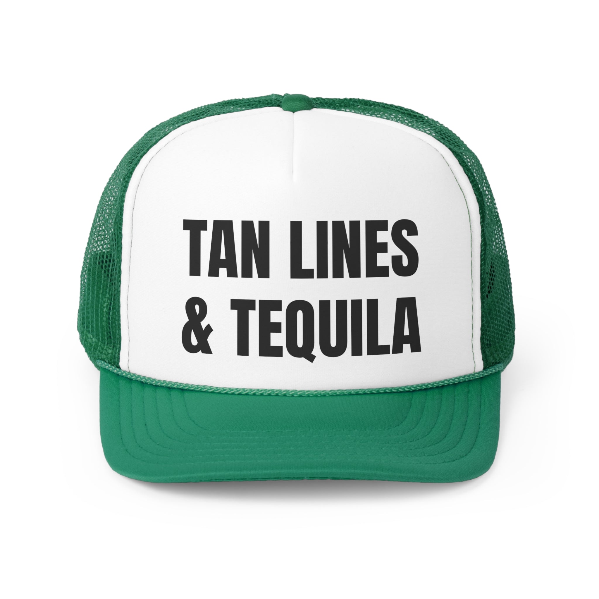 Tan Lines and Tequila Funny Trucker Hat featuring a humorous design with a comfortable fit and adjustable snap closure.