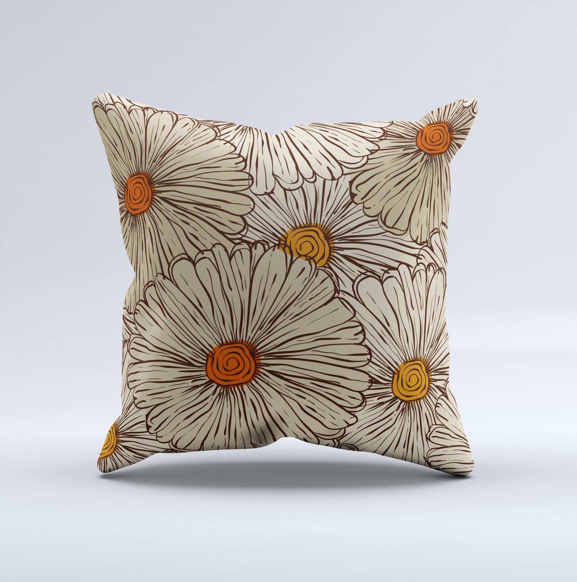 Tan and orange tipped flowers pattern decorative throw pillow, showcasing a vibrant floral design on a soft fabric.