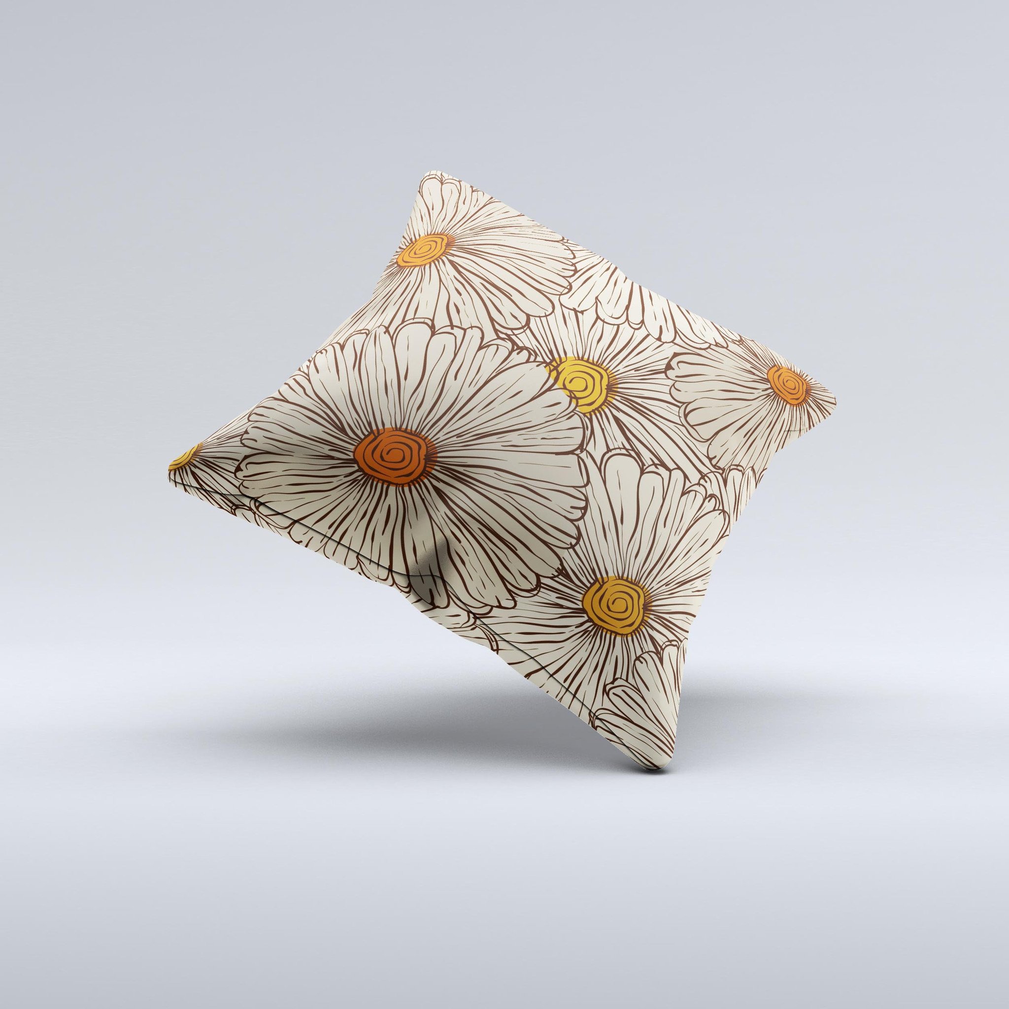 Tan and orange tipped flowers pattern decorative throw pillow, showcasing a vibrant floral design on a soft fabric.