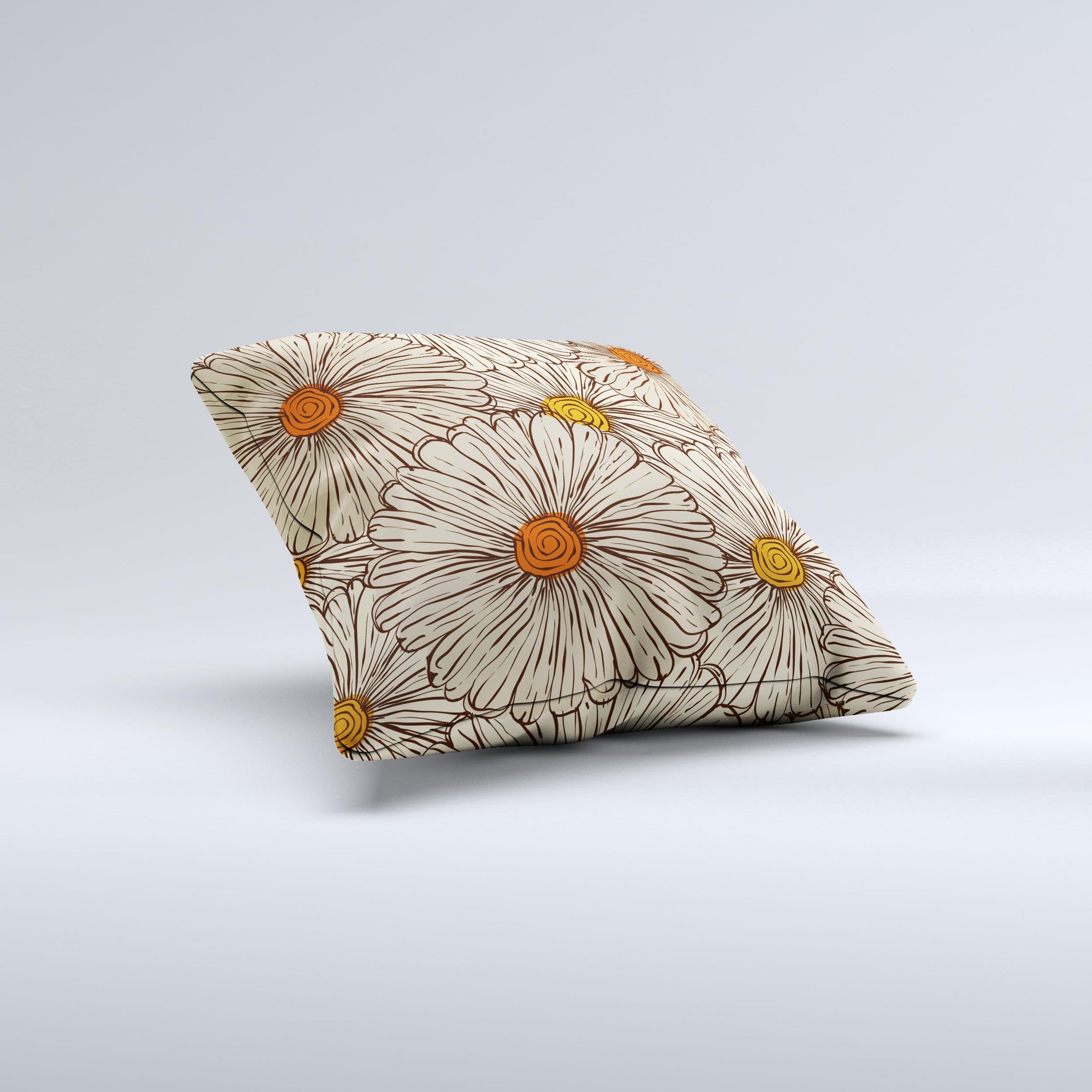 Tan and orange tipped flowers pattern decorative throw pillow, showcasing a vibrant floral design on a soft fabric.