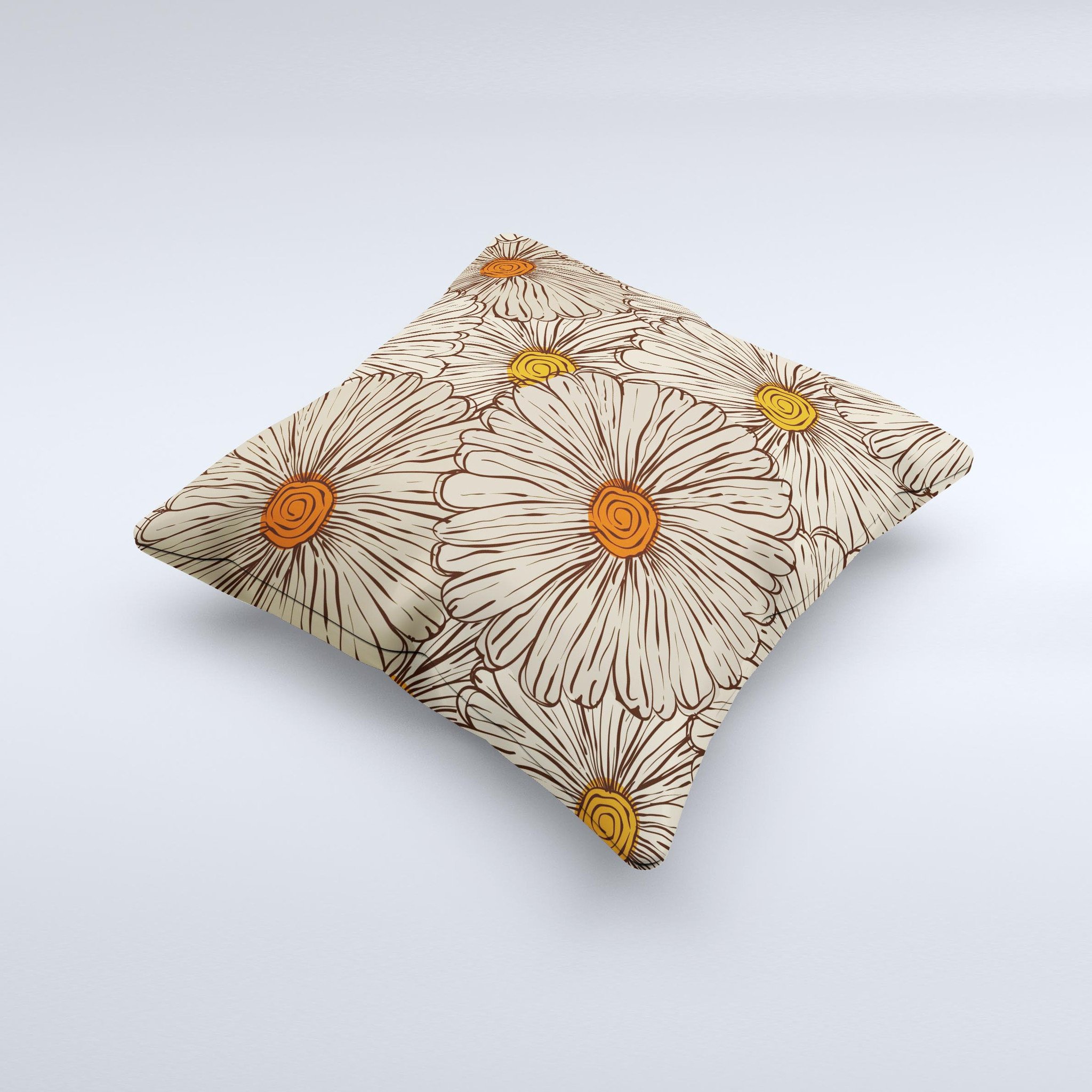 Tan and orange tipped flowers pattern decorative throw pillow, showcasing a vibrant floral design on a soft fabric.