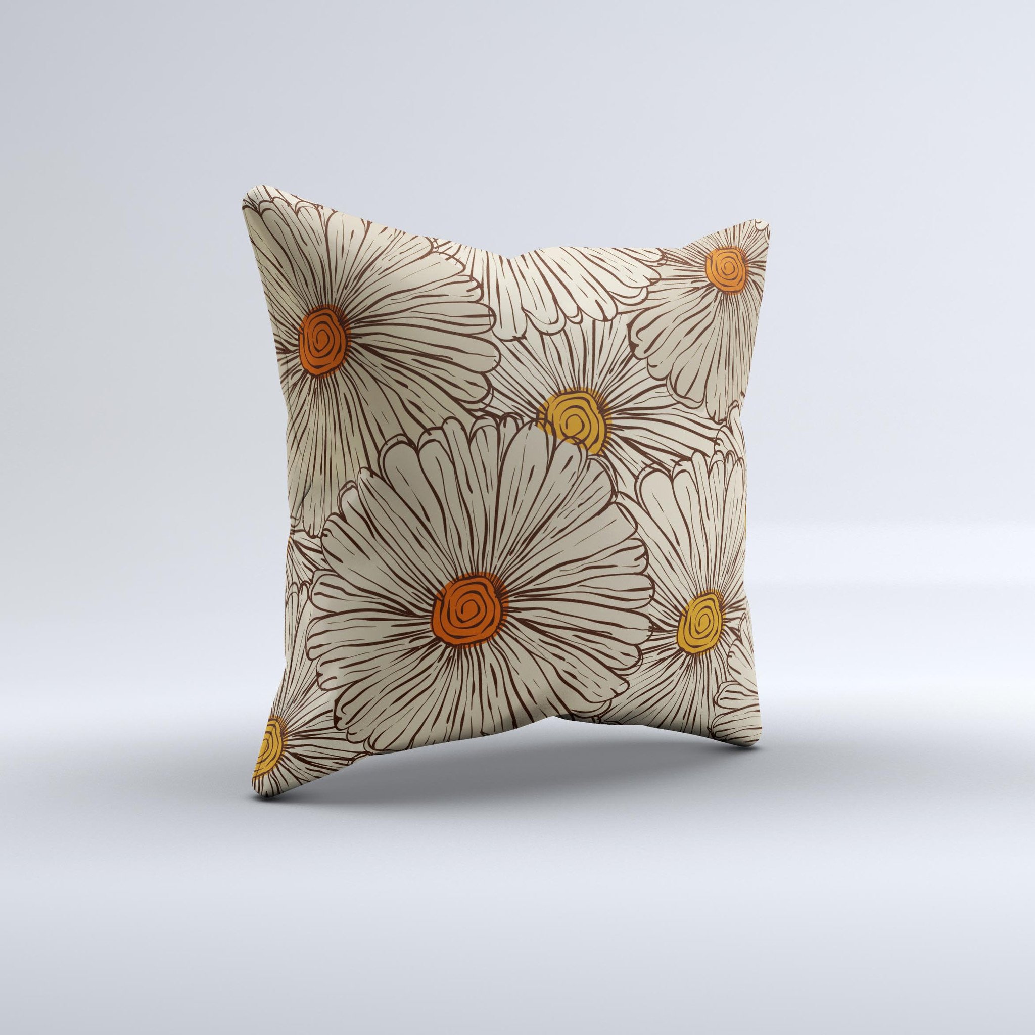 Tan and orange tipped flowers pattern decorative throw pillow, showcasing a vibrant floral design on a soft fabric.