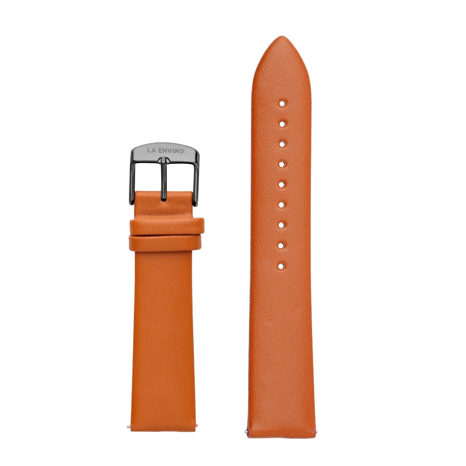 Tan unstitched watch strap made from vegan leather, featuring a quick release pin and stainless steel buckle in rose gold.