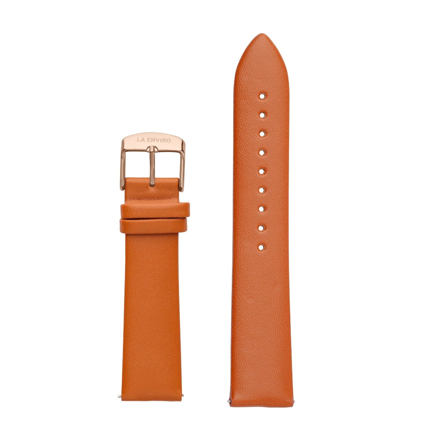 Tan unstitched watch strap made from vegan leather, featuring a quick release pin and stainless steel buckle in rose gold.