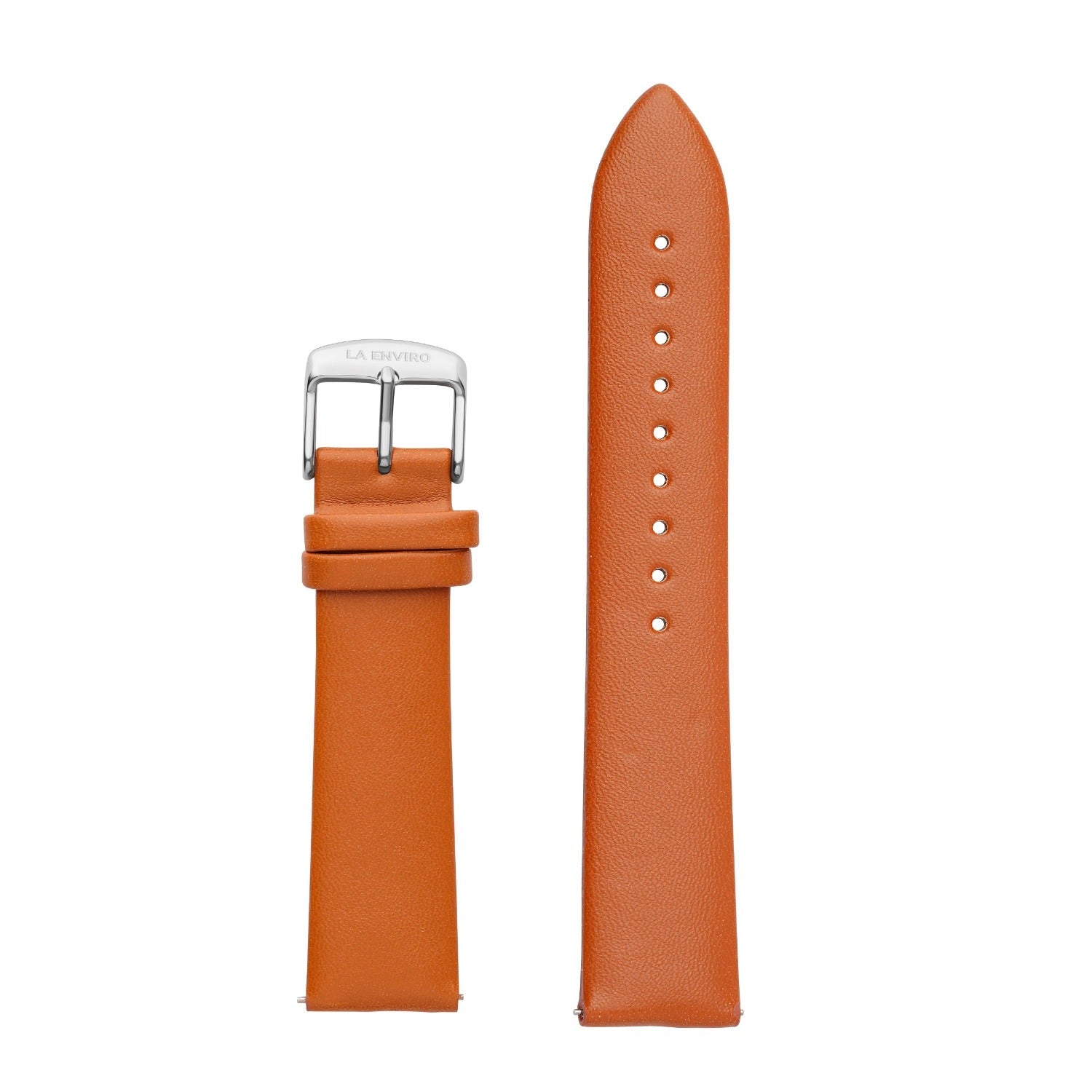 Tan unstitched watch strap made from vegan leather, featuring a quick release pin and stainless steel buckle in rose gold.