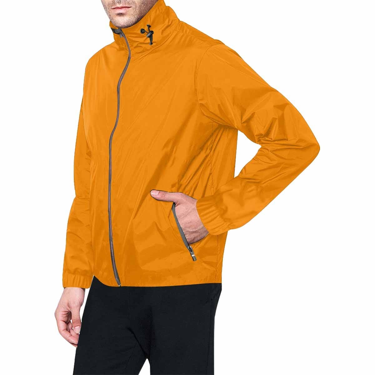 Tangerine orange hooded windbreaker jacket for men and women, featuring a stylish design with zippered pockets and adjustable hood.