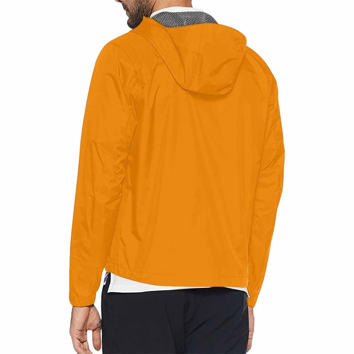 Tangerine orange hooded windbreaker jacket for men and women, featuring a stylish design with zippered pockets and adjustable hood.