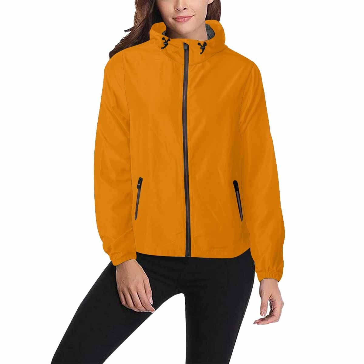 Tangerine orange hooded windbreaker jacket for men and women, featuring a stylish design with zippered pockets and adjustable hood.