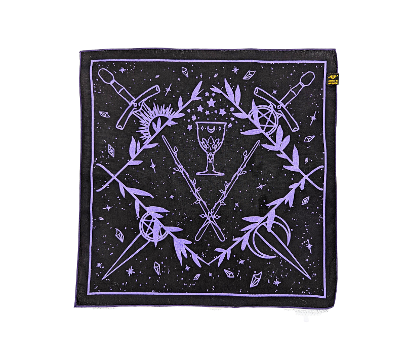 Tarot Altar Cloth featuring original artwork of the four tarot suits, made from eco-friendly materials, measuring 12x12 inches.