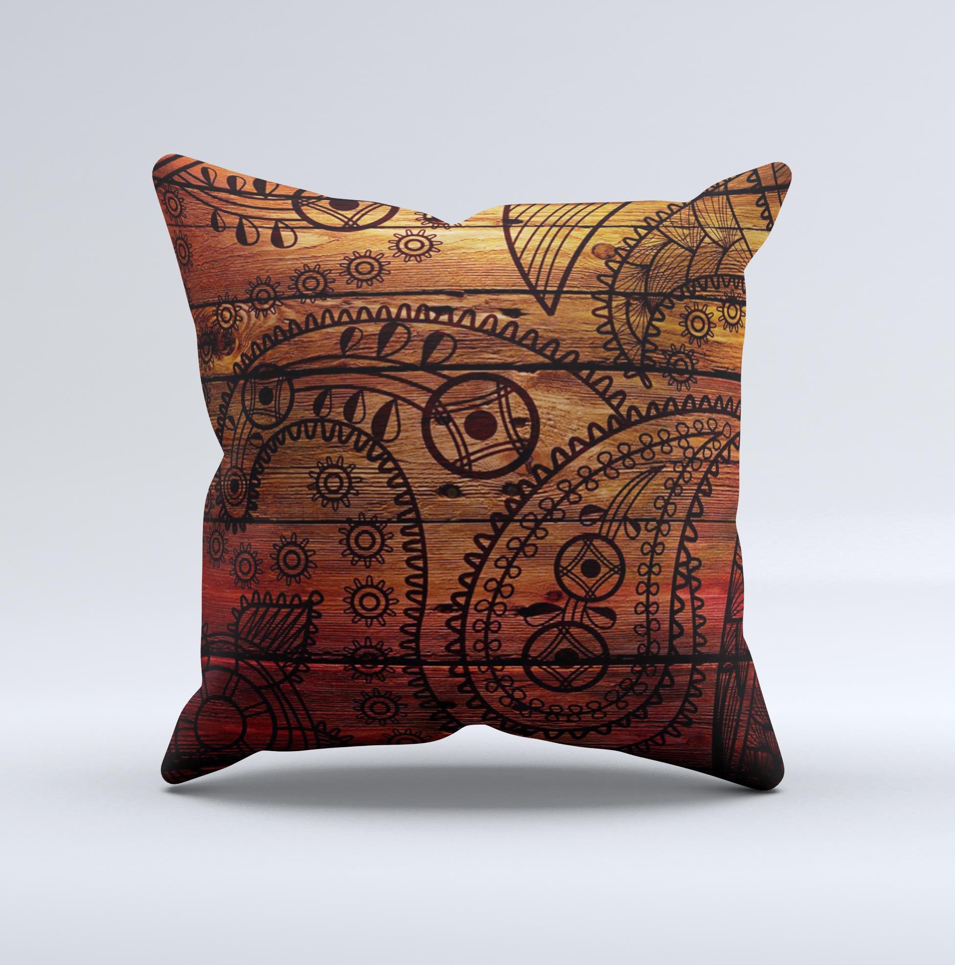 Tattooed WoodGrain Ink-Fuzed Decorative Throw Pillow showcasing unique design and high-quality fabric, handcrafted in Virginia.