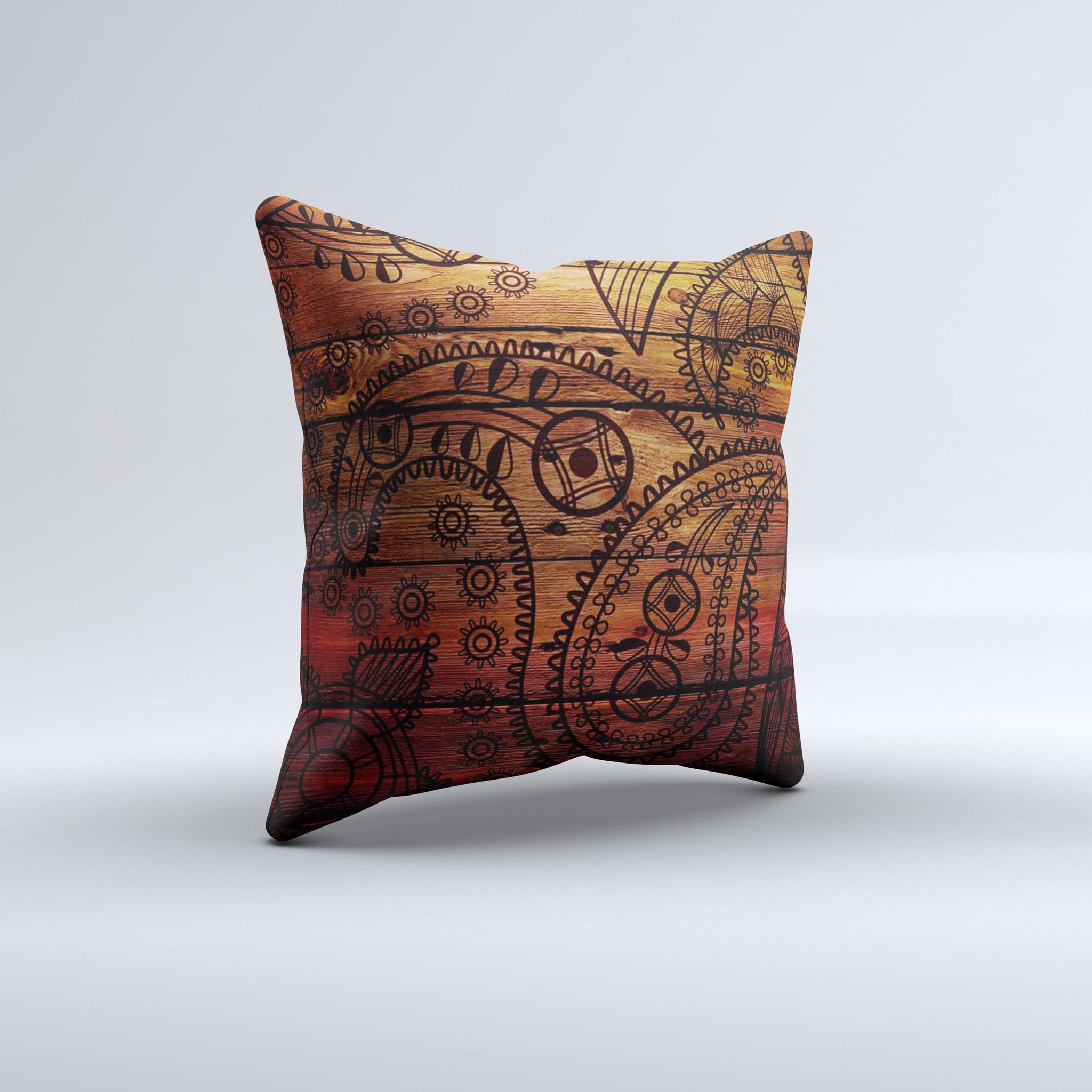 Tattooed WoodGrain Ink-Fuzed Decorative Throw Pillow showcasing unique design and high-quality fabric, handcrafted in Virginia.