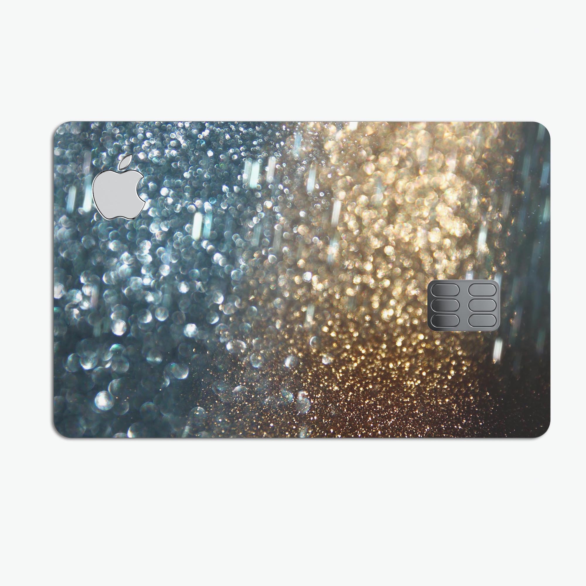 Teal and Gold Grungy Orbs of Light decal skin for Apple Card, showcasing vibrant colors and a stylish design.