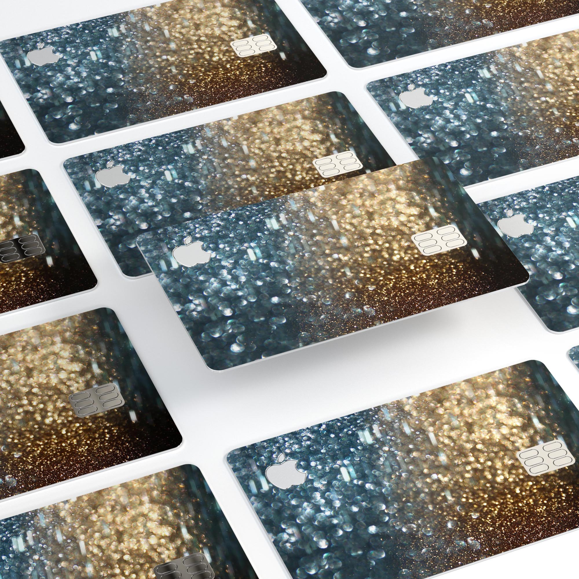 Teal and Gold Grungy Orbs of Light decal skin for Apple Card, showcasing vibrant colors and a stylish design.