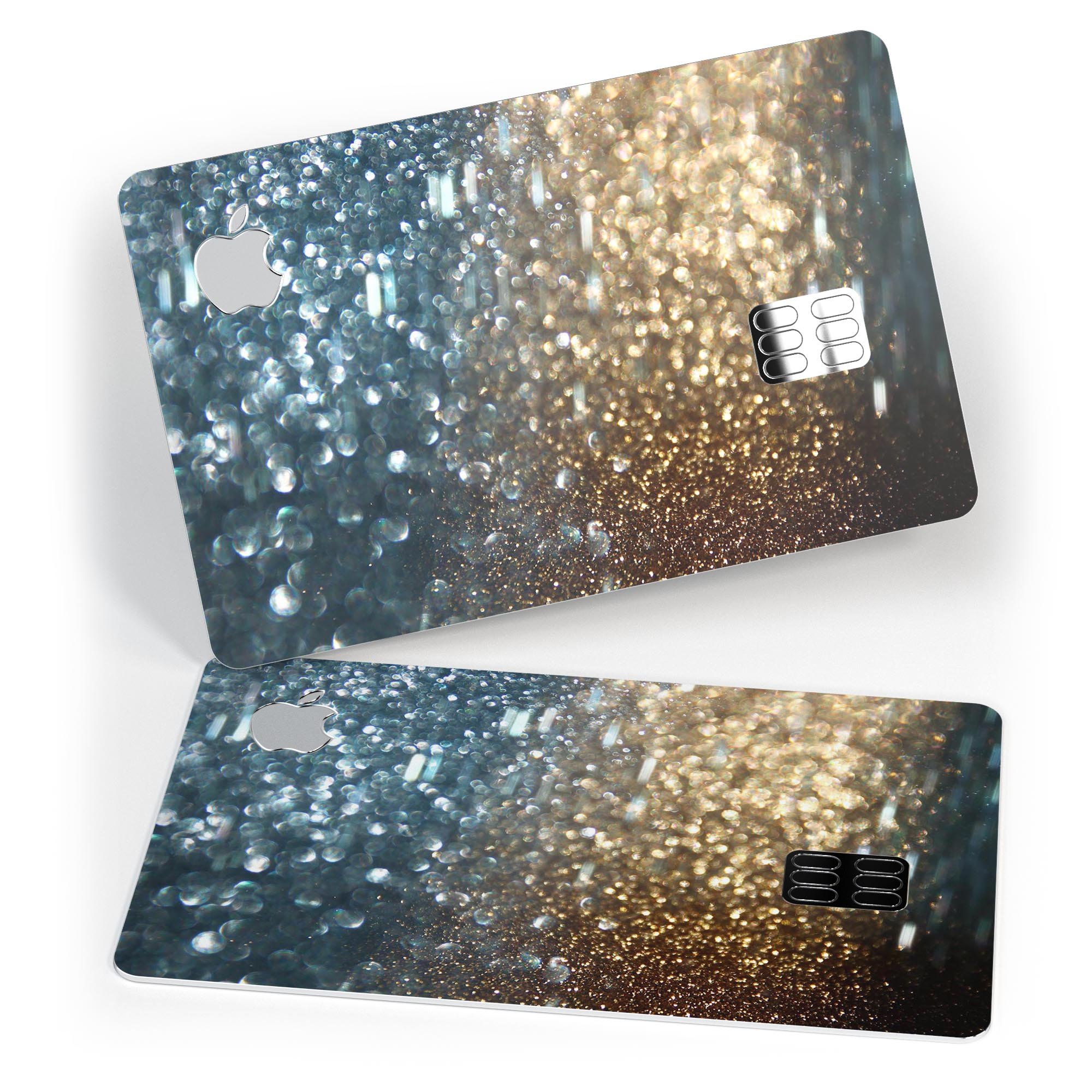 Teal and Gold Grungy Orbs of Light decal skin for Apple Card, showcasing vibrant colors and a stylish design.