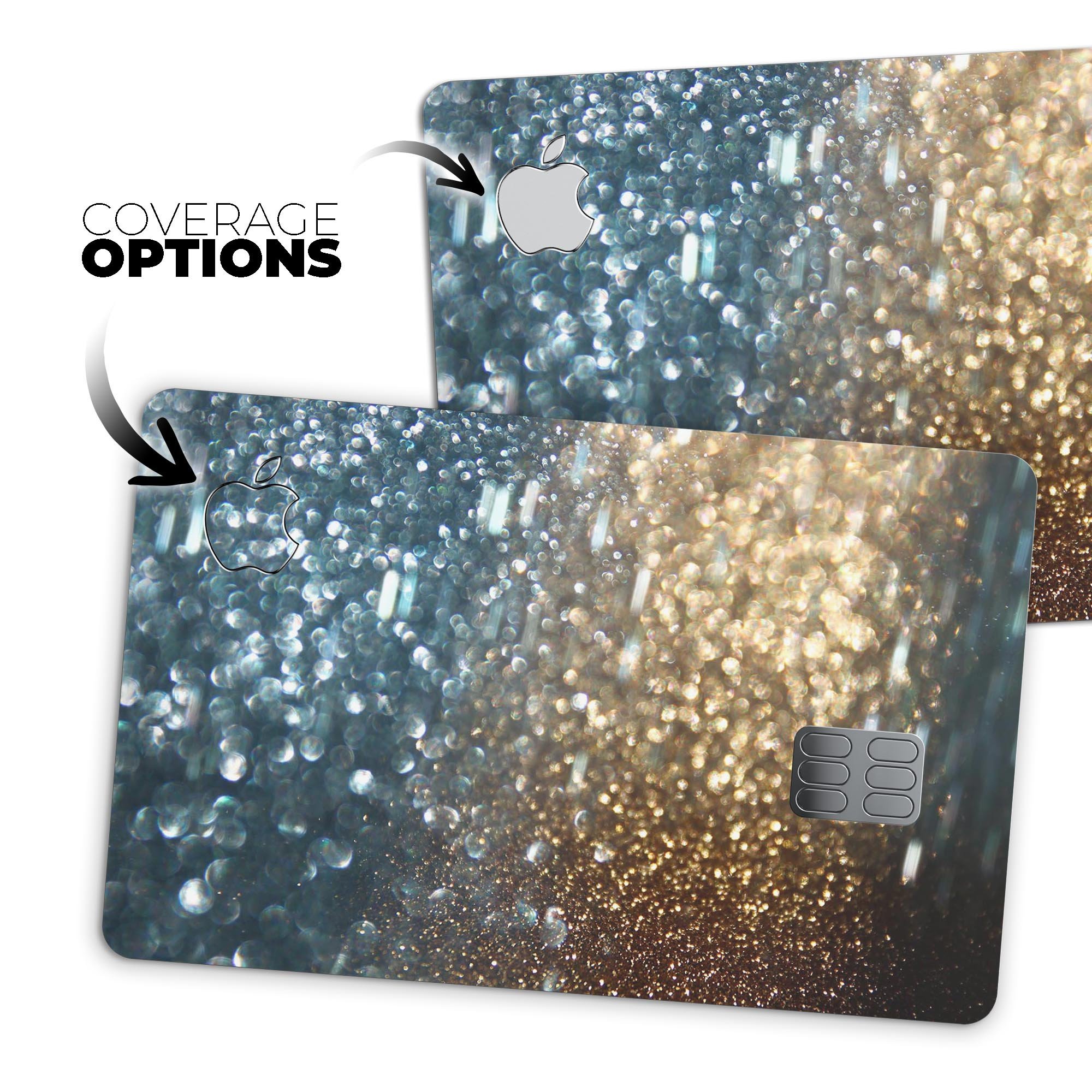 Teal and Gold Grungy Orbs of Light decal skin for Apple Card, showcasing vibrant colors and a stylish design.