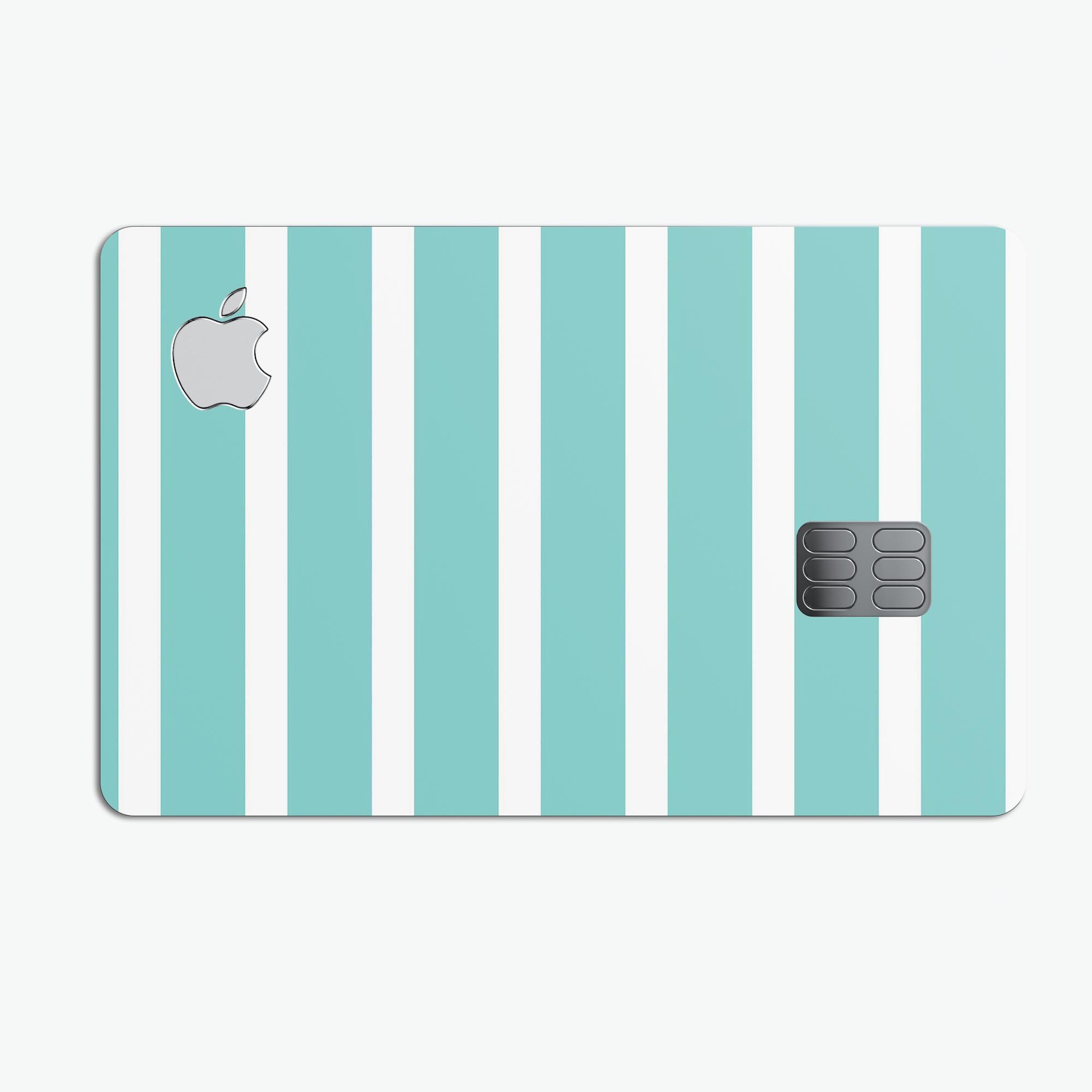 Teal and white horizontal stripes decal skin for Apple Card, showcasing premium vinyl material and stylish design.