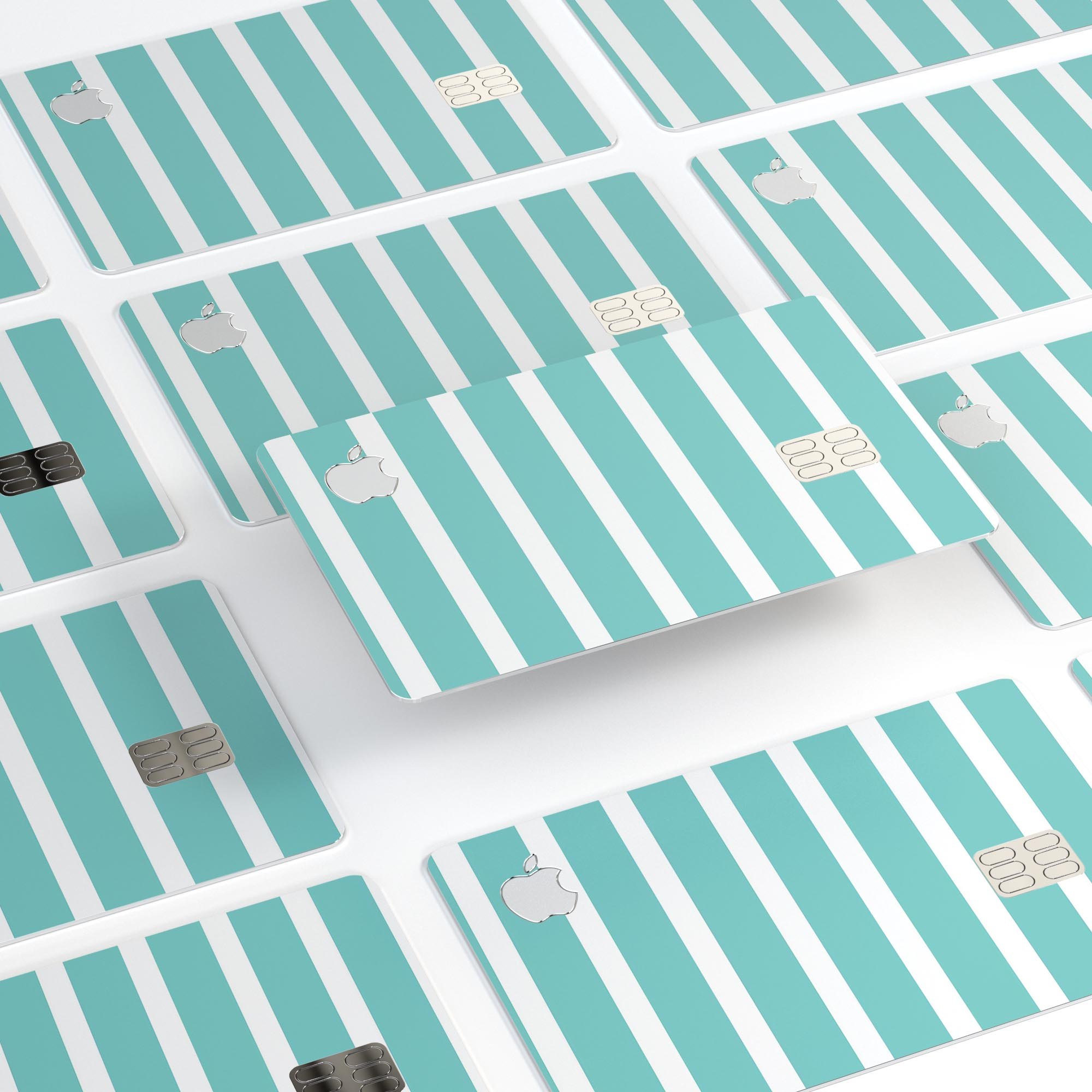 Teal and white horizontal stripes decal skin for Apple Card, showcasing premium vinyl material and stylish design.