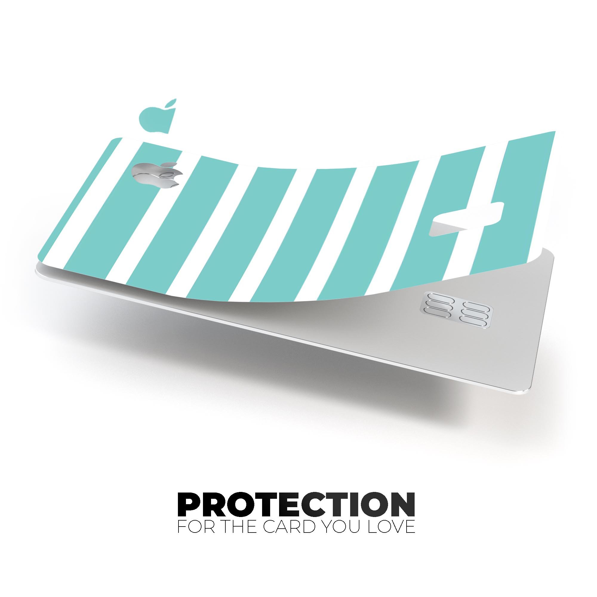 Teal and white horizontal stripes decal skin for Apple Card, showcasing premium vinyl material and stylish design.