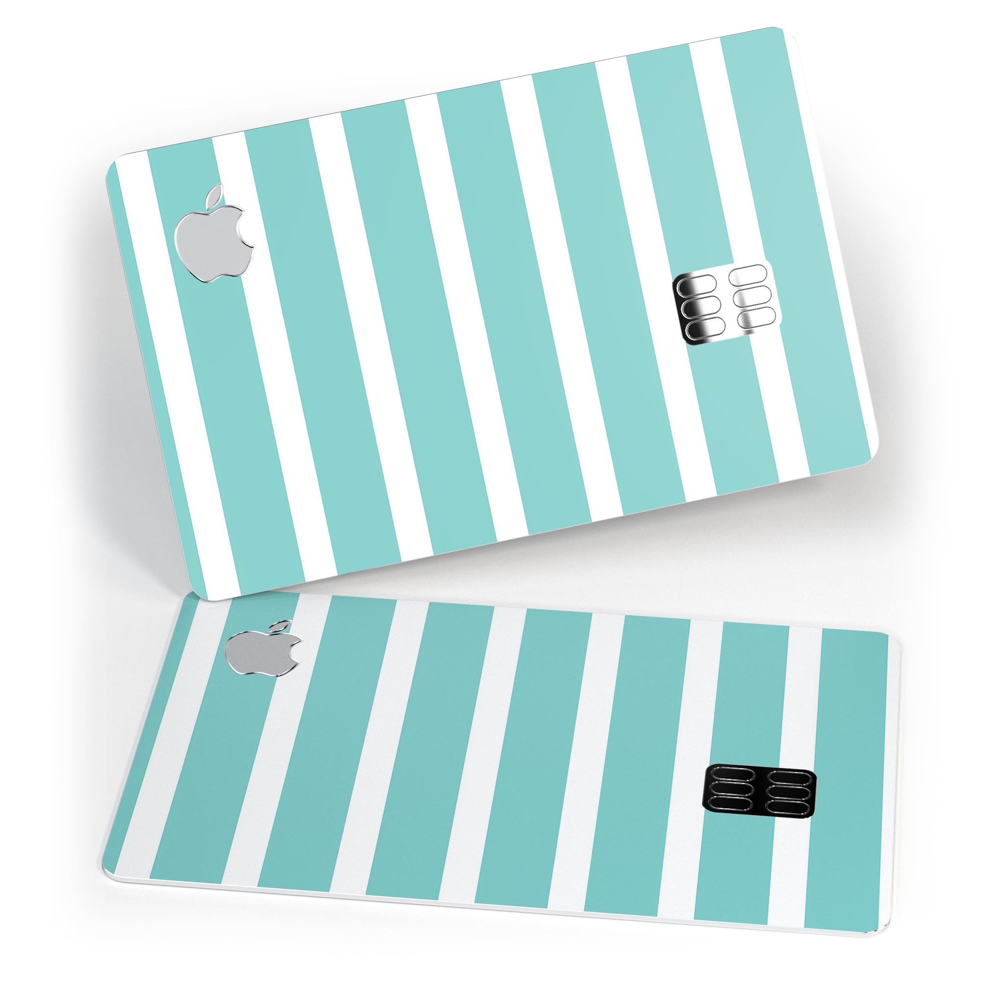 Teal and white horizontal stripes decal skin for Apple Card, showcasing premium vinyl material and stylish design.